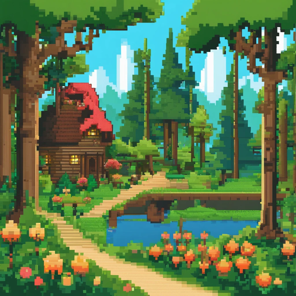 forest setting, There are trees and flowers