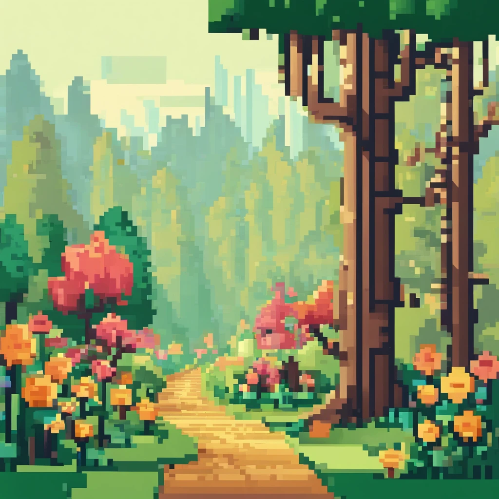 forest setting, There are trees and flowers