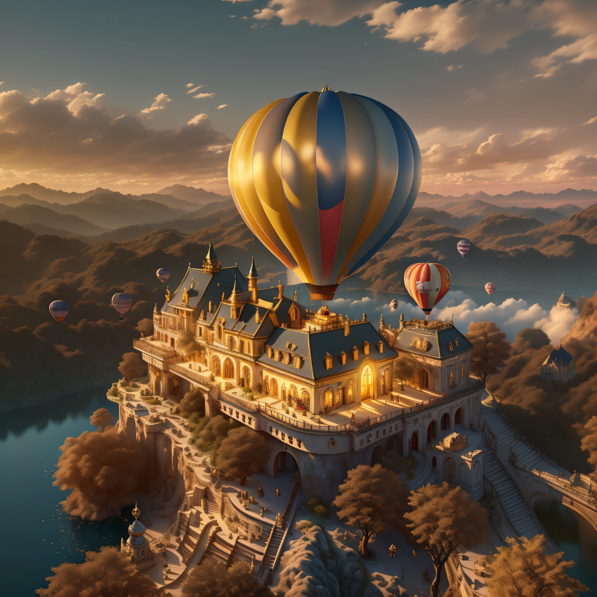 (best quality,4k,8k,highres,masterpiece:1.2), ultra-detailed, realistic:1.37, vivid colors, HDR, luxury hot air balloon floating in the sky, golden glow, mesmerizing scenery, breathtaking view, sparkling fabric, intricate details, enchanting sunset, whimsical clouds, panoramic landscape, dreamlike atmosphere, graceful movement, majestic presence, ethereal adventure, magical journey, glamorous experience, gentle breeze, picturesque backdrop, opulent design, exquisite craftsmanship, radiant glow, opalescent hues, golden hour, serene horizon, floating above the clouds, tranquil escape, luxurious escape, peaceful ambiance