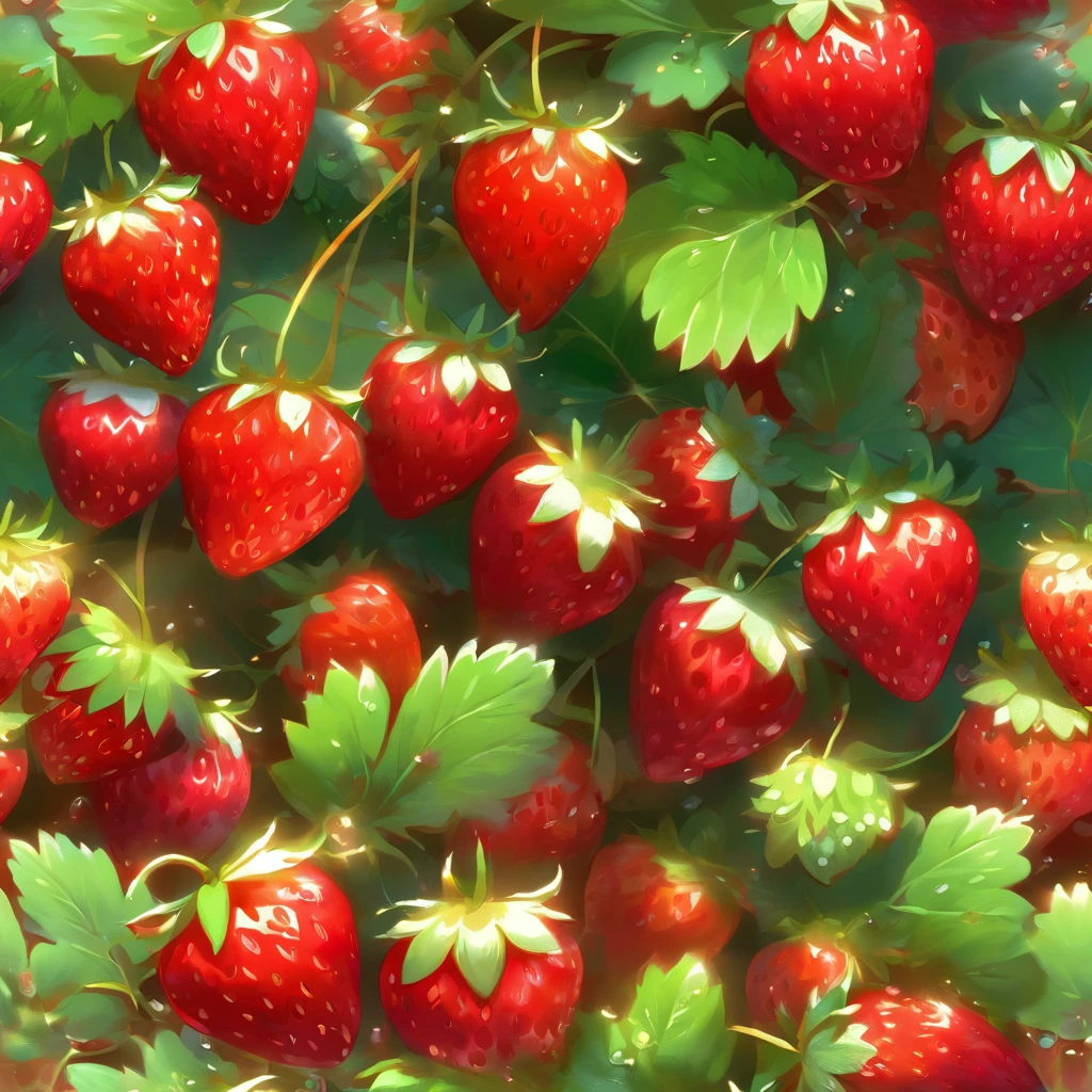 strawberry field,ultra-detailed,(realistic,photorealistic,photo-realistic:1.37),digital art,vivid colors,soft lighting,macro details,Midnight in the strawberry field,dewdrops on each strawberry,velvet texture of the leaves,light breeze gently swaying the plants,deep red hues of ripe strawberries,immersive perspective,minute seeds on the surface of the berries,stunning contrast between the bright fruits and dark foliage,crystal clear droplets reflecting the surrounding environment,meticulous attention to texture and lighting,vibrant imagery,meticulously rendered details,exquisite portrayal of the strawberry’s contours,petals of delicate wildflowers adorning the edges,impeccable clarity and precision,subtle gradients of color on each fruit,sensory explosion of fresh strawberries,gorgeous reflections on the dewdrops,impression of softness and juiciness,sprinkling of fine dust on the leaves,meticulously crafted digital brush strokes,meticulous light and shadow interplay,majestic natural backdrop blending harmoniously,colossal strawberry leaves towering above,ethereal atmosphere surrounding the field