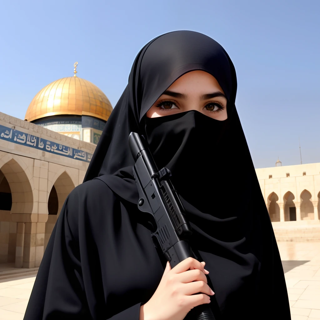 Women in black niqab wearing very modest clothes with gun in front of masjid al aqsa
