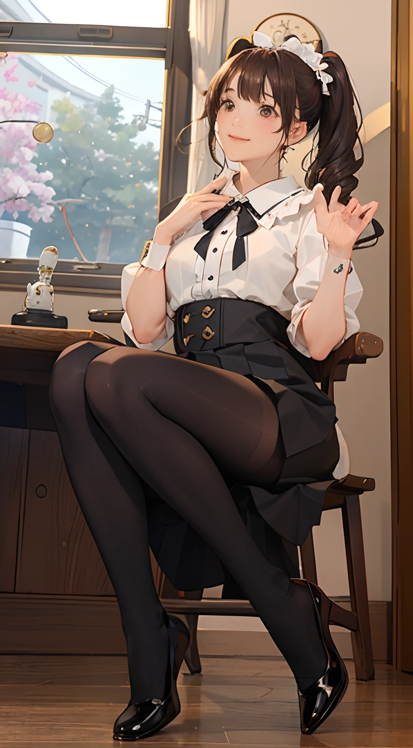 (masterpiece、top-quality、Top resolution、Distinct_image、Highly elaborate CG、cinematlic lighting、FULL BODYSHOT、Front view、low angles、Beautiful ponytail、Beautiful ass、Beautiful panties、beautiful thigh、Beautiful camel toe、Ray traching、drop shadow、Detailed details、(Photorealsitic:1.4)、High quality textures、Fine-grained、realistic facial expression): (Lone Girl、Japan Faces、Brown ponytail、Tie your hair back、Oversized breasts、sparkly eyes、eye level shot、facing front、Happy smile、a beauty、White cotton panties visible through pabeige stockings、Slim body、holiday、Own room、Console Games、personal computers、display、keyboard、Mouse、Ultra mini skirt made of leather、colorWHI、Rohai Heels、Antique Radio、Coffee、Model Train、bookcase、Wooden chair、pots、electric fan、Painterly、animal stuffed、neck tie、notebook、stationery、vases、photo frame、The letter、fountain pen、calendar、abajour、cushion、baskets、Mirrors that mirror profiles、candles、newspaper、candy、You can see the park outside the window、phone、fruits、telescopes、Retro TV)