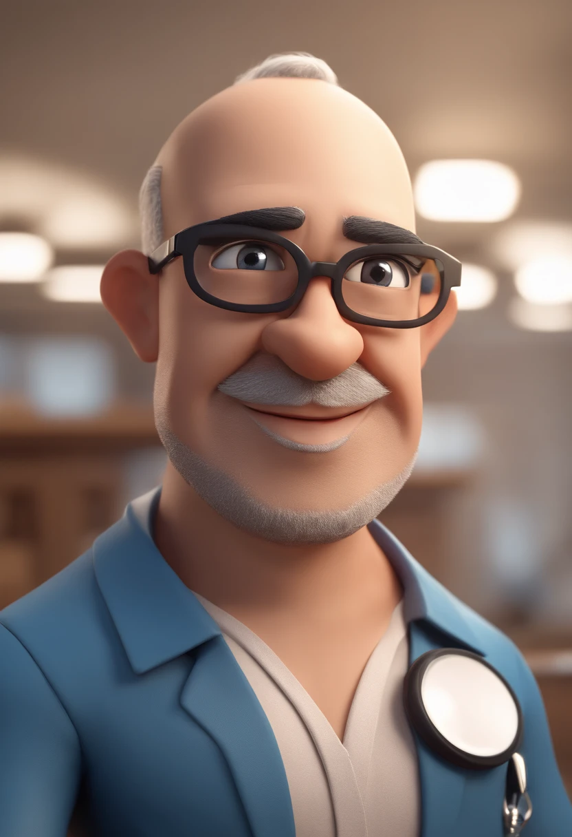 Cartoon character of a man with black glasses and a blue shirt, animation character, Caractere estilizado, animation style rendering, 3D estilizado, Arnold Maya render, 3 d render stylized, toon render keyshot, Personagem 3D, Personagem 3D, 3d rendering stylized, 3 d character render, personagem de desenho animado, Personagem de close up, Pose de personagem,  (Estilo Pixar) (master part:1.2) (Bokeh) (best quality) (pele detalhada) (textura detalhada) (8k) (argila) (Cinematic lighting) (foco nítido, Doctor with very large middle finger, Office behind the doctor, paciente