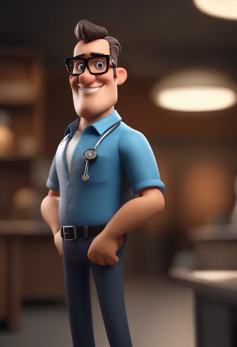 Cartoon character of a man with black glasses and a blue shirt, animation character, Caractere estilizado, animation style rendering, 3D estilizado, Arnold Maya render, 3 d render stylized, toon render keyshot, Personagem 3D, Personagem 3D, 3d rendering stylized, 3 d character render, personagem de desenho animado, Personagem de close up, Pose de personagem,  (Estilo Pixar) (master part:1.2) (Bokeh) (best quality) (pele detalhada) (textura detalhada) (8k) (argila) (Cinematic lighting) (foco nítido, Doctor with very large middle finger, Office behind the doctor, paciente