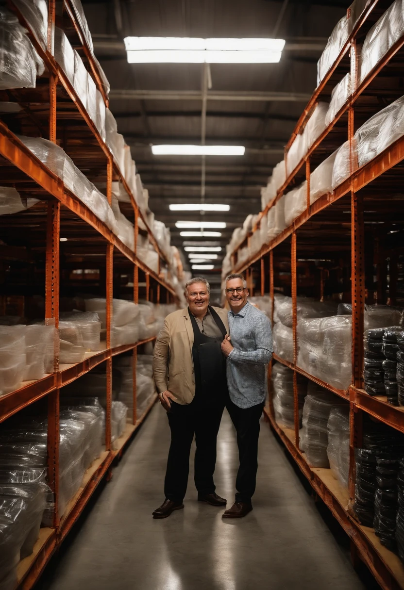 um homem, com cabelos oleosos, Vidros de fio de ouro, Terno Preto, sorridente, cabelo preto curto, in a huge warehouse, empilhado com carne, altamente real, UHD, Chiaroscuro, super detalhado