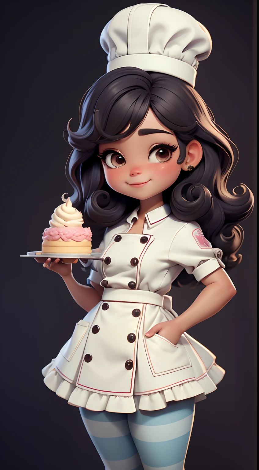 Create a series of cute baby chibi style afro dolls with a cute pastry chef theme, each with lots of detail and in an 8K resolution. All dolls should follow the same solid background pattern and be complete in the image, mostrando o (corpo inteiro, incluindo as pernas: 1.5)
Boneca Mini Chef: Chame-a de Marina. Ela deve ter cabelo pequeno em tom preto marrom. Seus olhos devem ser grandes e expressivos, with long eyelashes and rosy cheeks. Sorriso delicado e branco. Sophie deve estar vestida com uma jaqueta de chef, striped pants and an ornate chef's hat. She must hold a chocolate brigadier in her hands. Certifique-se de adicionar detalhes nas roupas, such as buttons and pockets, sapato bonito
Certifique-se de adicionar sombras, texturas e detalhes nos cabelos, roupas, confectionery utensils, to make them even more adorable and charming.