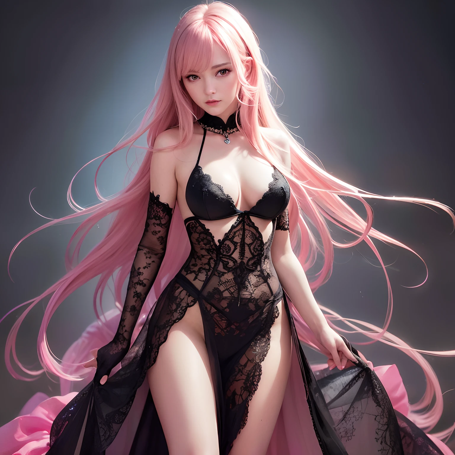 finest image, (8k, RAW photo, realistic), detailed and delicate depiction and flashy and dynamic painting method, portrait, She is an adult and beautiful woman with flat chest but great style, pink and black night dress, full body shot