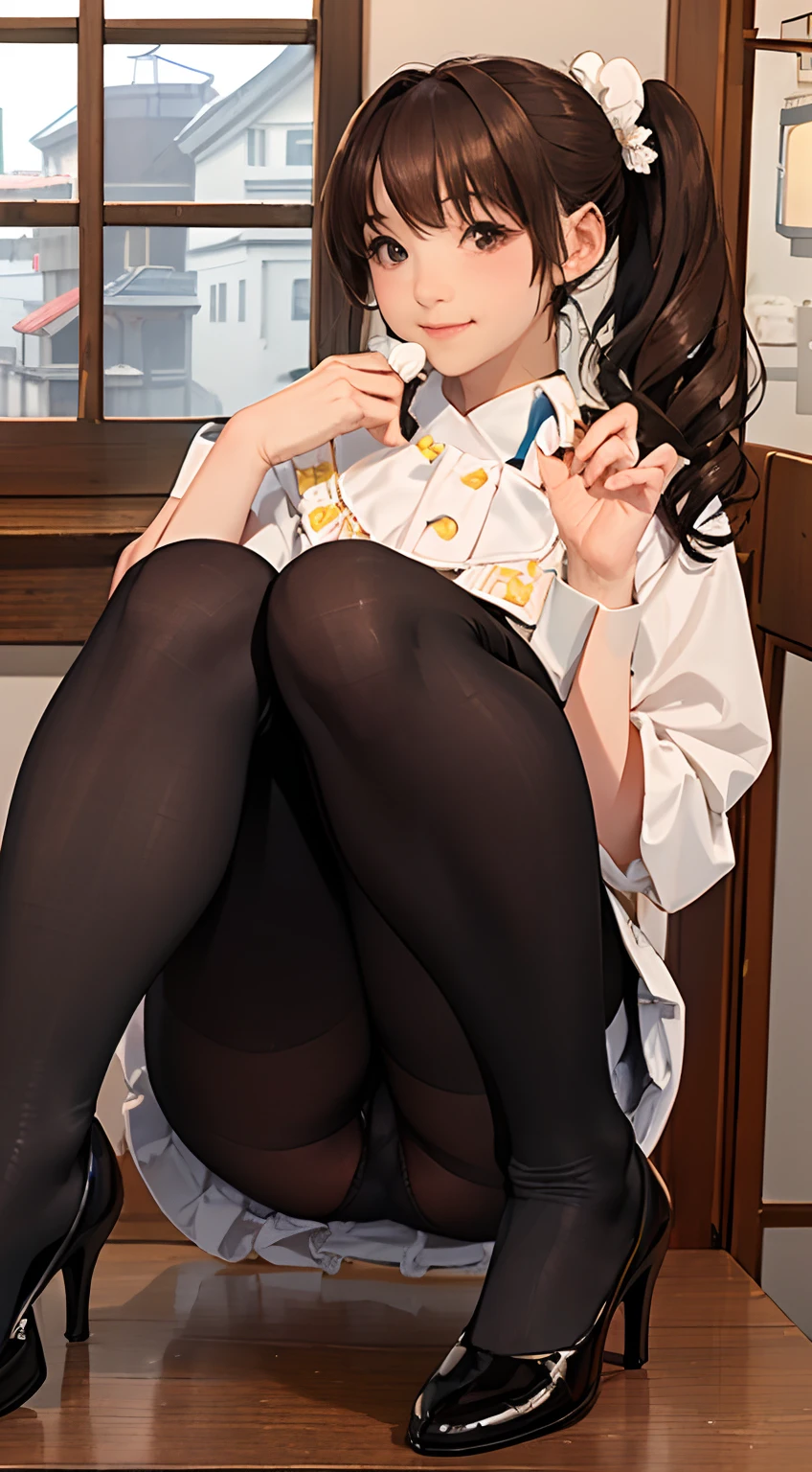 (masterpiece、top-quality、Top resolution、Distinct_image、Highly elaborate CG、cinematlic lighting、FULL BODYSHOT、Front view、low angles、Beautiful ponytail、Beautiful ass、Beautiful panties、beautiful thigh、Beautiful camel toe、Ray traching、drop shadow、Detailed details、(Photorealsitic:1.4)、High quality textures、Fine-grained、realistic facial expression): (Lone Girl、Japan Faces、Brown ponytail、Tie your hair back、Oversized breasts、sparkly eyes、eye level shot、facing front、Happy smile、a beauty、White cotton panties visible through pabeige stockings、Slim body、holiday、Own room、Console Games、personal computers、display、keyboard、Mouse、Ultra mini skirt made of leather、colorWHI、Rohai Heels、Antique Radio、Coffee、Model Train、bookcase、Wooden chair、pots、electric fan、Painterly、animal stuffed、neck tie、notebook、stationery、vases、photo frame、The letter、fountain pen、calendar、abajour、cushion、baskets、Mirrors that mirror profiles、candles、newspaper、candy、You can see the park outside the window、phone、fruits、telescopes、Retro TV)