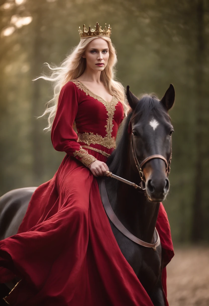 a queen of fire in a flowing red dress with a golden crown and flowing blonde hair on a black horse with a sword drawn
