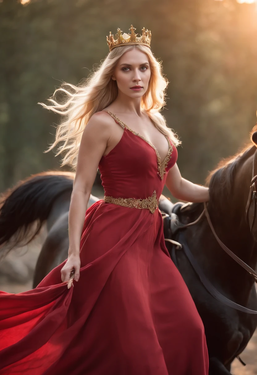 a queen of fire in a flowing red dress with a golden crown and flowing blonde hair on a black horse with a sword drawn