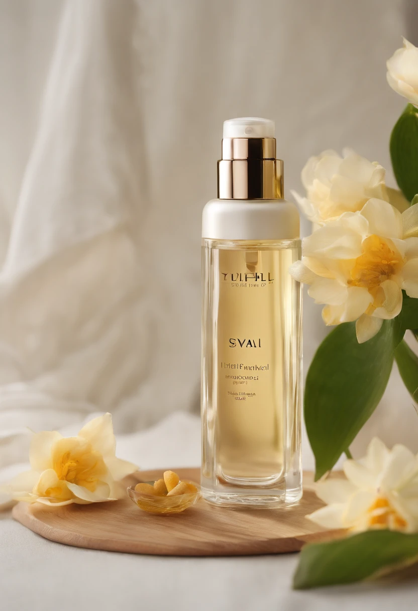 (Best quality,4K,8K,A high resolution,Masterpiece:1.2),Ultra-detailed,(Realistic,Photorealistic,photo-realistic:1.37),One bottle（Huang Jixiu）Close-up of cleansing oil and selected flowers, Clean face and body skin, Skincare, skin care, Take a picture of your skincare brand, Product photography, professional product shot, products shot, products shot, product display photograph, professional product photo, products shot, Minimalist design, photo product, natural skin tones, Clean gloss, natural skin tones, miniature product photo