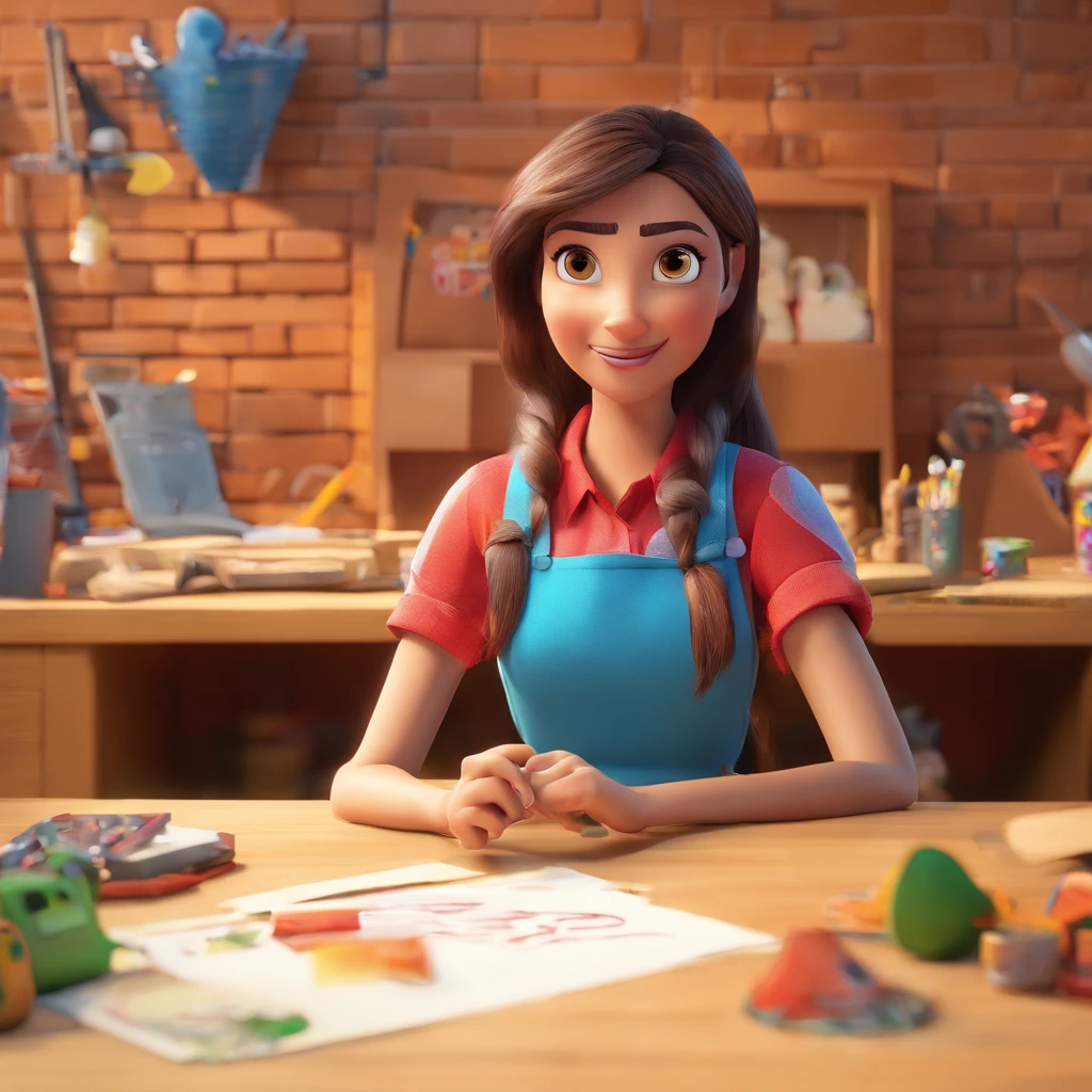 create a 3D movie poster inspired by Disney Pixar, The scene should be in Pixar's signature digital art style, with a cartoonish image that resembles a craftswoman with long, light brown hair, inside her workplace, which clearly shows a faiza written Ateliê Jane Passos.