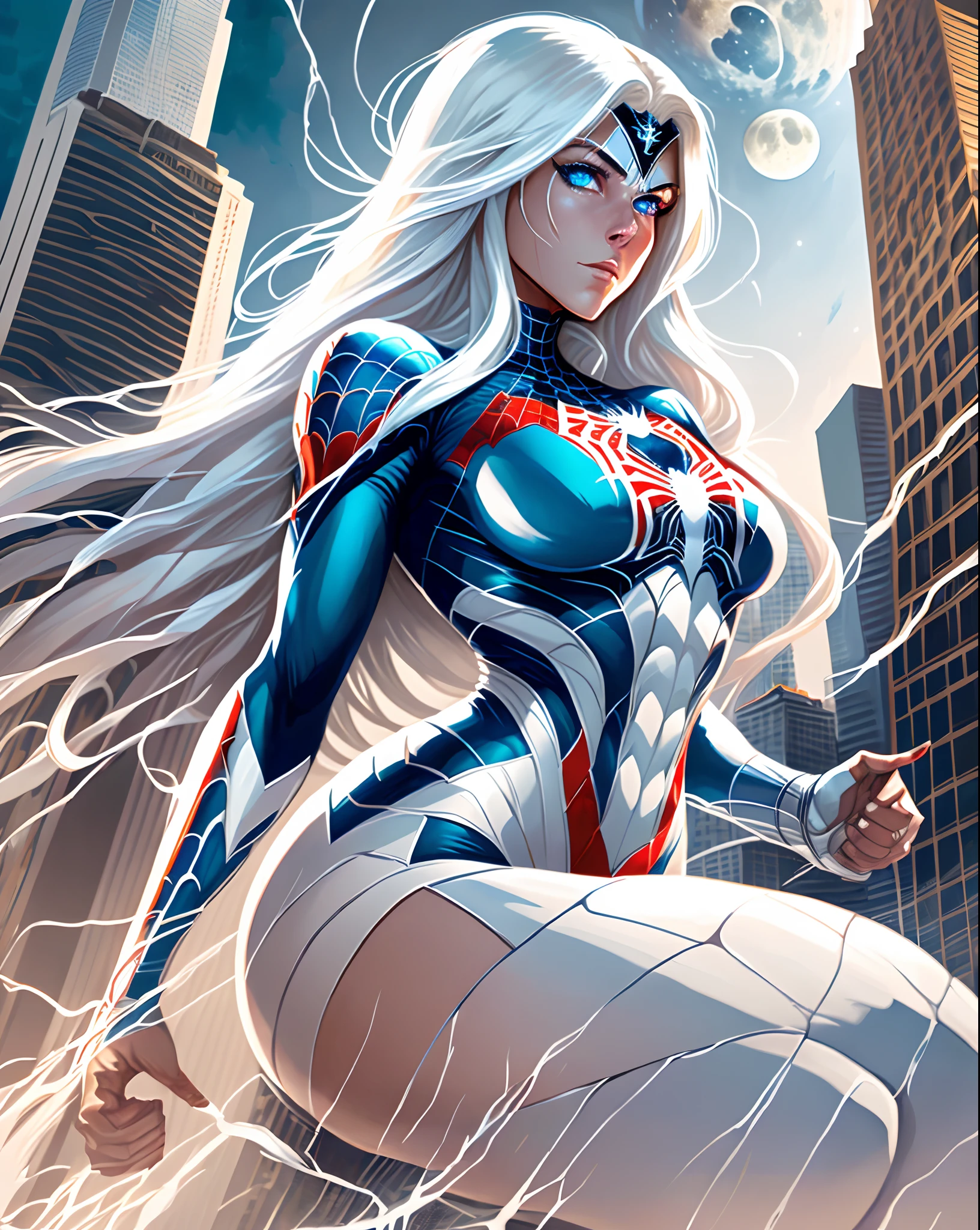 (Masterpiece, 4k resolution, ultra-realistic, very detailed), (White superhero theme, charismatic, there's a girl on top of town, wearing Spider-Man costume, she's a superhero), [ ((25 years), (long white hair:1.2), full body, (blue eyes:1.2), ((Spider-Man pose),show of strength, jumping from one building to another), ((sandy urban environment):0.8)| (cityscape, at night, dynamic lights), (full moon))] # Explanation: The Prompt mainly describes a 4K painting of ultra-high definition, very realistic, very detailed. It shows a superheroine at the top of the city, wearing a Spider-Man costume. The theme in the painting is a white superhero theme, the female protagonist has long white hair, is 25 years old and her entire body is shown in the painting. In terms of portraying the actions of superheroines, spiders are employed --auto --s2