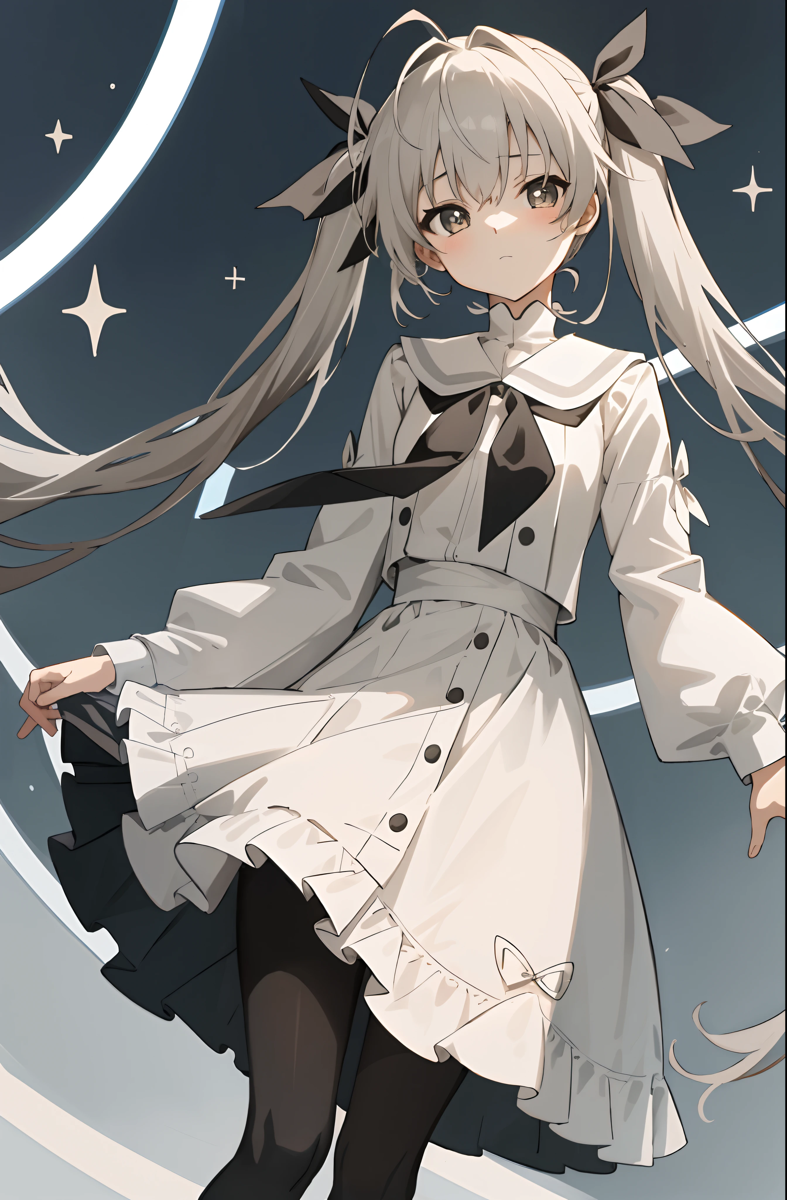 （Masterpiece，best qualtiy，A high resolution：1.5），1girl，high school senior，white skinned，Gray-black pupils，twintails，lacepantyhose，shift dresses，Delicate face，School Background，The light is bright，Sora Kasugano，Animated illustration style，pixiv popular