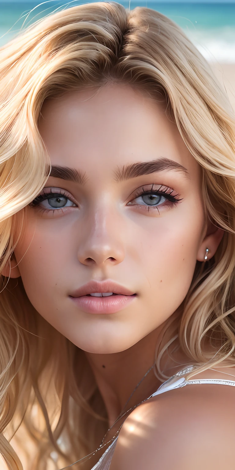 Photo of a 20-year-old European girl, Raw, a handsome female, (Medium Length Wavy Blonde Hair), ((Portrait)), ((Detailed Face:1.2)), ((Detailed facial features)), (finely detailed skin), Tanned beautiful skin, The setting is hot summer, Lying on the beach, (cool color), humid, humid, Reflectors, (masutepiece) (Perfectly proportioned)(Realistic photos)(Best Quality) (Detailed) photographed on a Canon EOS R5, 50mm lens, f/2.8, NFFSV, (8K) (wallpapers) (Cinematic lighting) (dramatic lighting) (Sharp focus) (sinuous) moda, From directly above