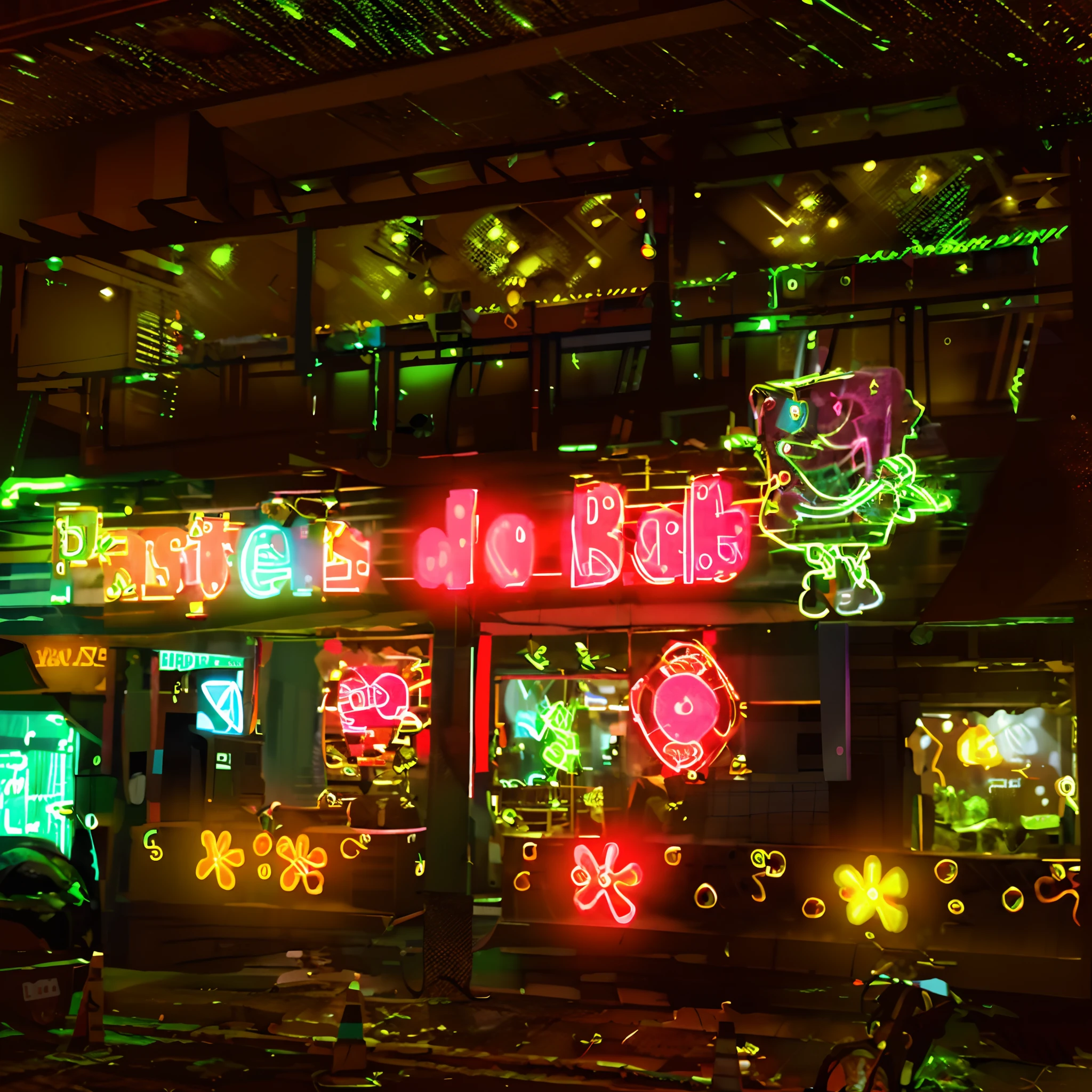 There's a motorcycle parked in front of a restaurant with neon lights, matte pastel colors, bolo', bolo, neon bolo, Cores Pastelle, Bob Esponja, farol da barra, para bolo, brilha de fora, not cropped, neon shops, colorful neon signs, com pontos noturnos de neon, Bob Esponja, with neon lighting, neon lights outside, neon bolo