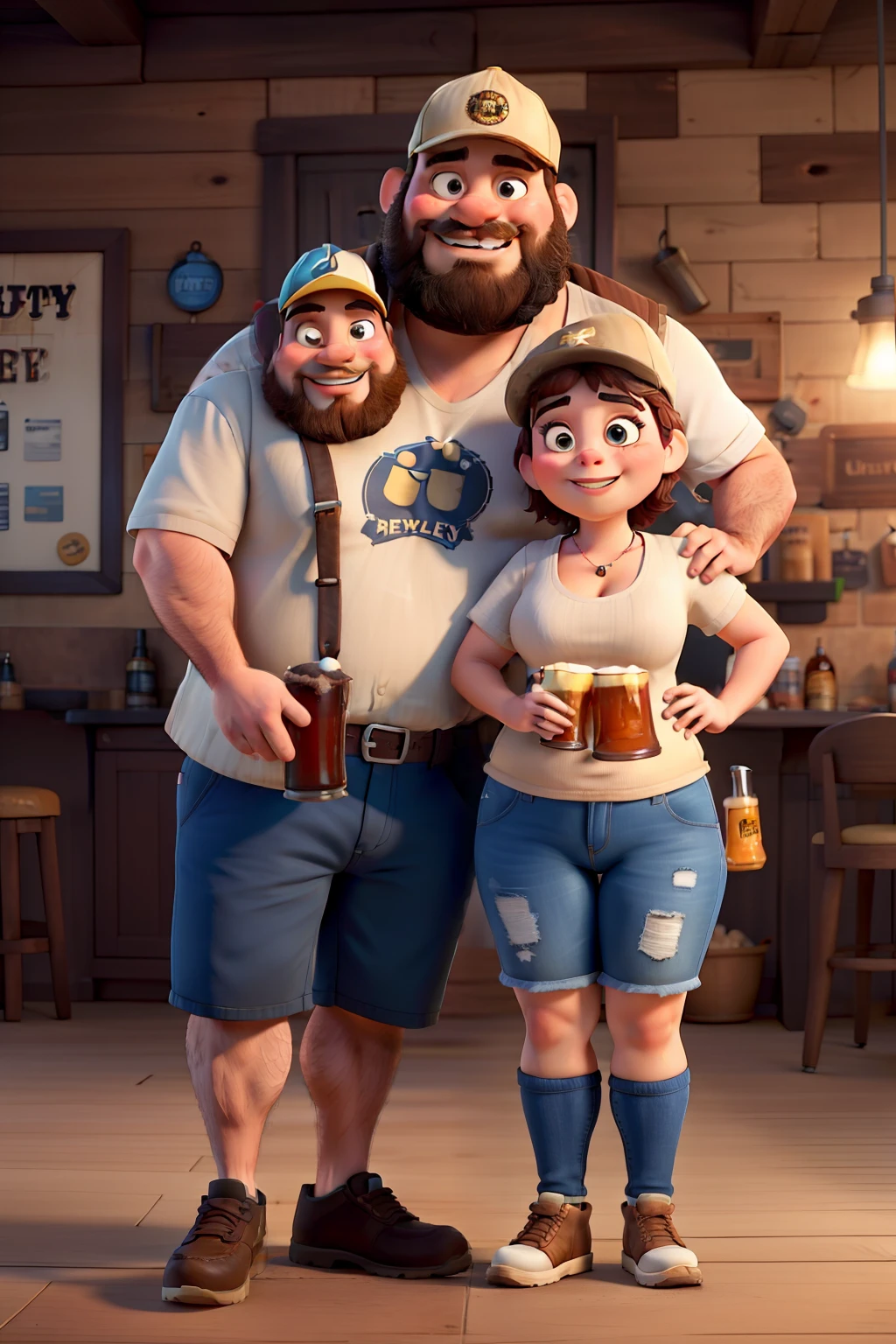 A couple where he's chubby, Bearded man wearing a cap and drinking draft beer, And she's chubby with short hair with a pan in her hand, estilo Disney Pixar Cartoon, de melhor qualidade, de ultra qualidade