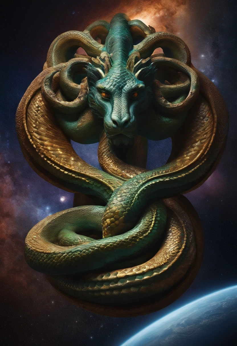 The god of the universe in the form of a multi-headed serpent, Curl up on multiple planets frontage Head enlargement