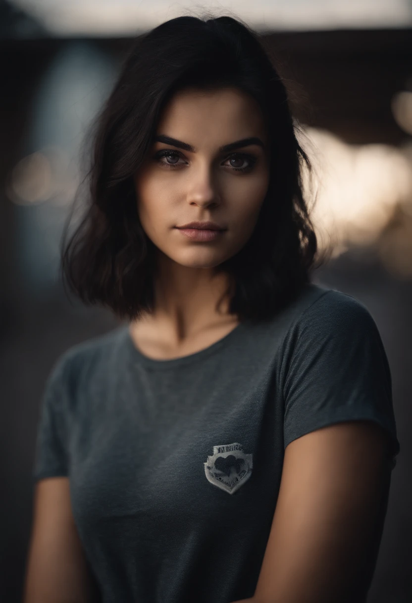 Very pretty 22 year old black haired girl in a t-shirt looking straight at the camera