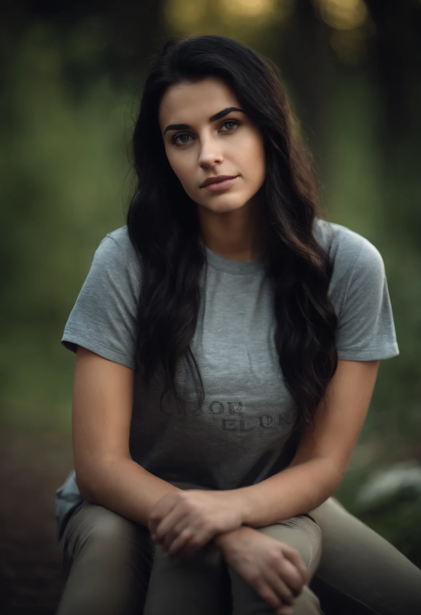 Very pretty 22 year old black haired girl in a t-shirt looking straight at the camera