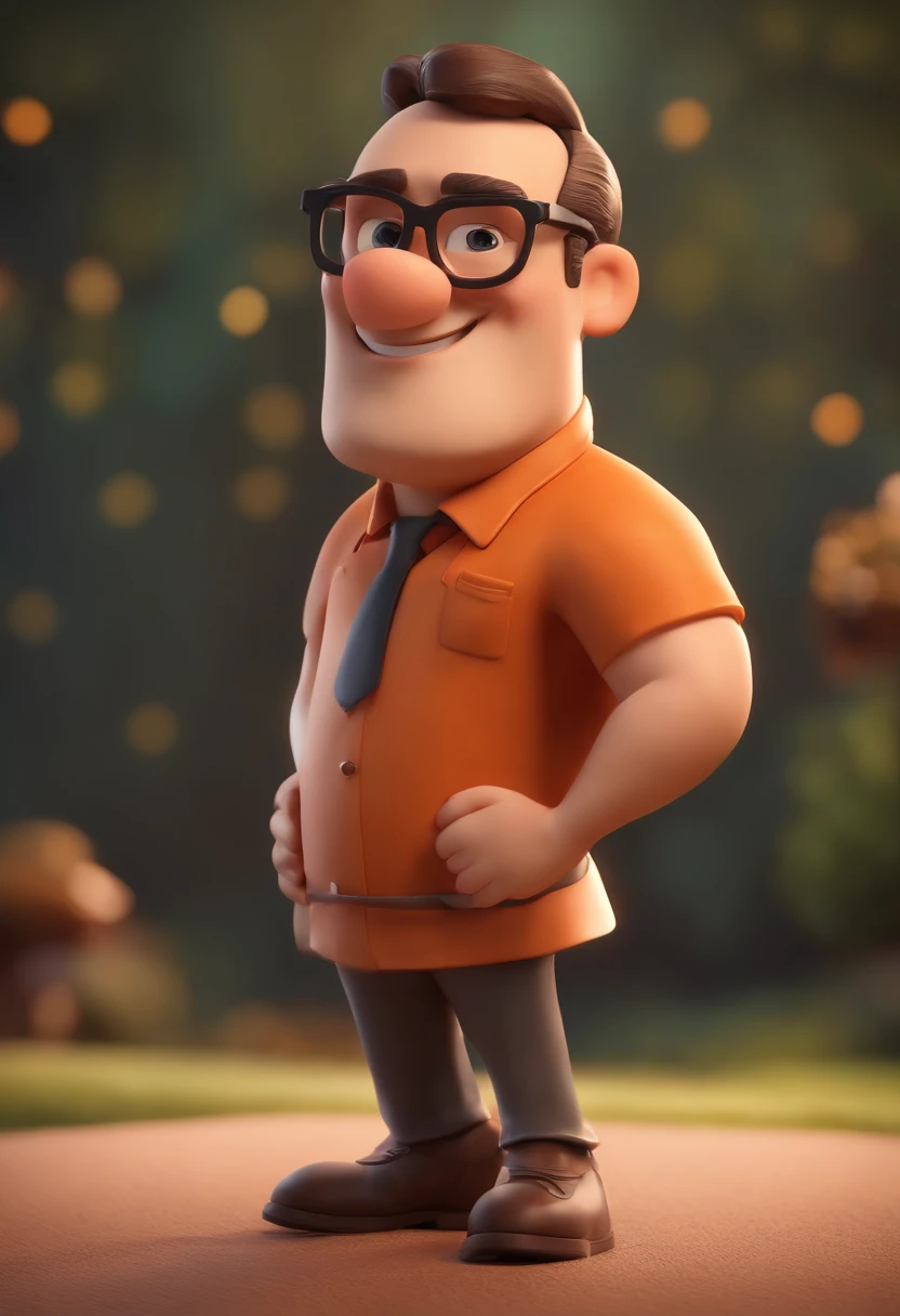 Cartoon character of a man with black glasses, careca e uma camisa laranja, animation character, Caractere estilizado, animation style rendering, 3D estilizado, matheus Henrique render, 3 d render stylized, toon render keyshot, Personagem 3D, Personagem 3D, 3d rendering stylized, 3 d character render, personagem de desenho animado, Personagem de close up, Pose de personagem, (Estilo Pixar) (master part:1.2) (Bokeh) (best quality) (pele detalhada) (textura detalhada) (8k) (argila) (Cinematic lighting) (foco nítido