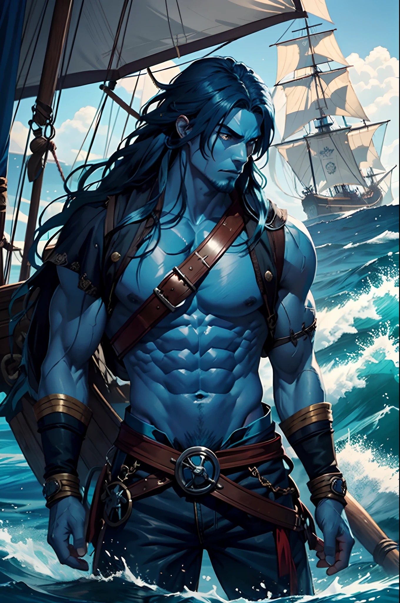 Long blue hair, pirate, muscular man, manly, (((blue skin: 2.5))), pirate flags, ship, lightning and storm in the sea,
