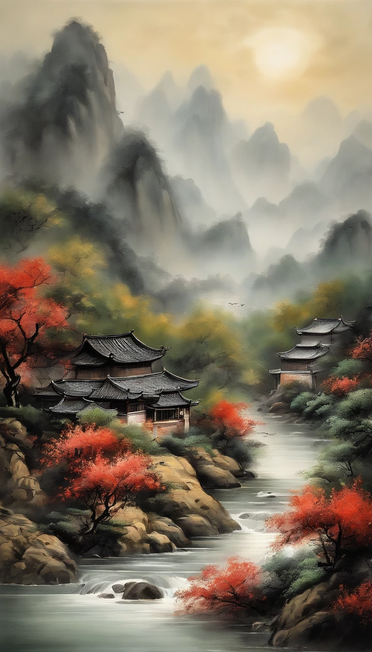 A mountain painting with a river and a village, Chinese painting style, inspired by Huang Binhong, Traditional Chinese Ink Painting, Chinese ink painting, Traditional Chinese painting, Traditional Chinese art, inspired by Zhang Shunzi, Chinese landscape, China ink painting, Chinese painting, inspired by Wang Shishen, Inspired by Qiu Ying