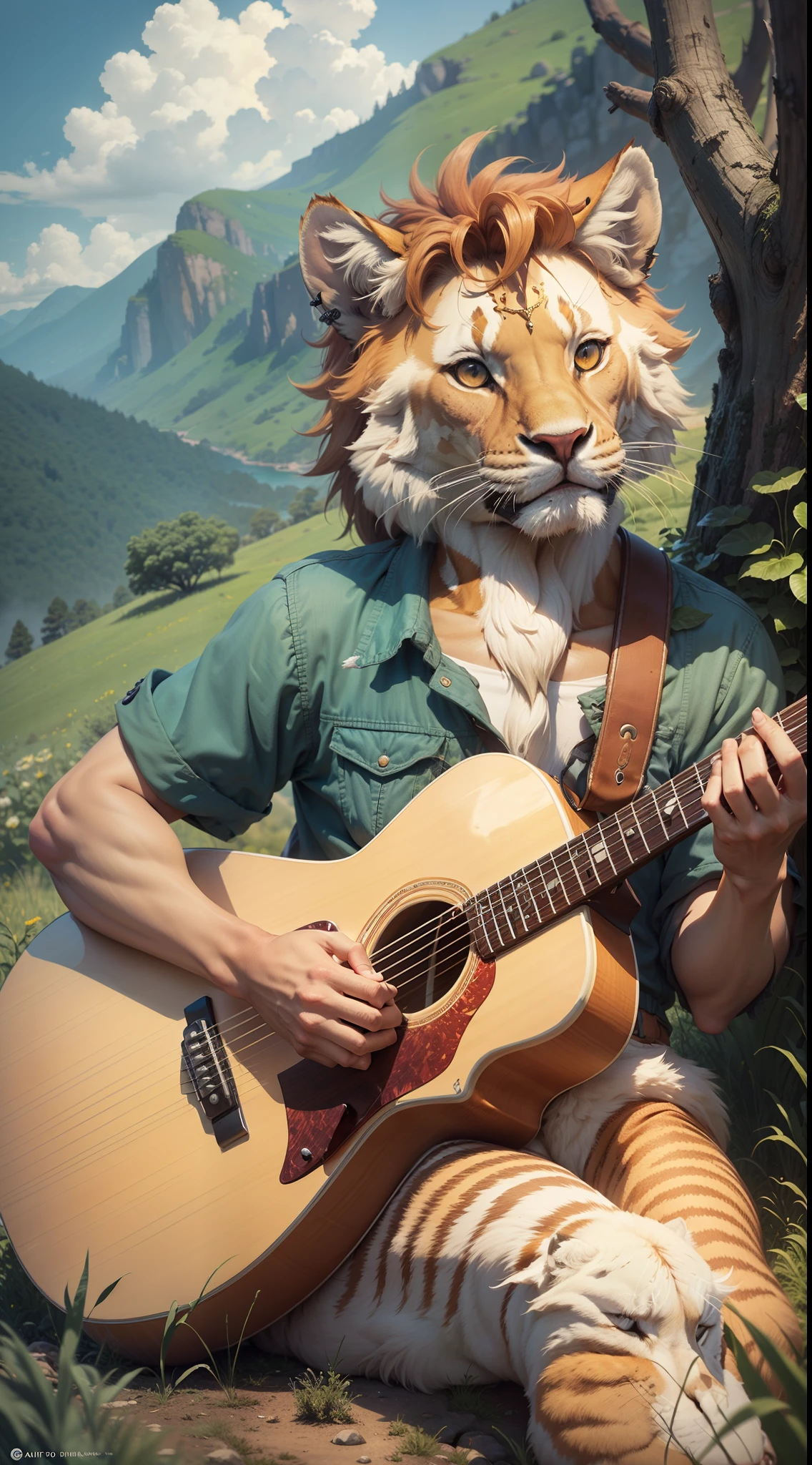 Simba sits on the hillside and plays the guitar --auto --s2