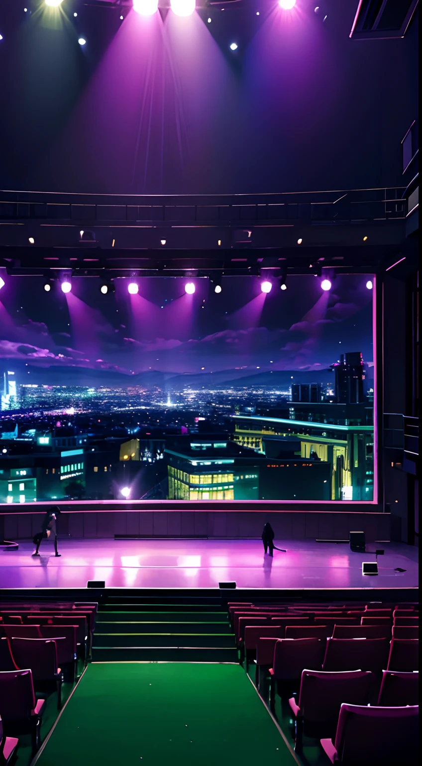 Background, escenario de teatro, with green and purple illumination, with a view from the public