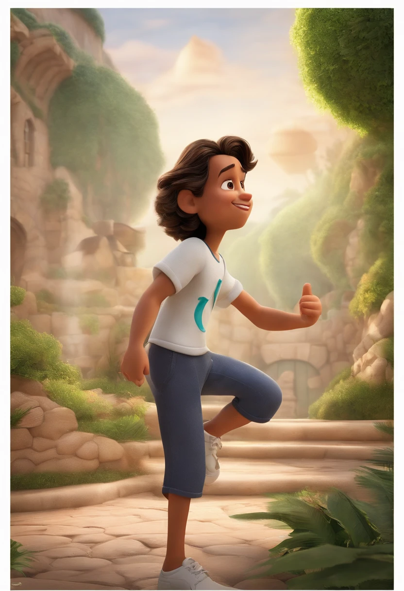 Poster 3D inspirado na Disney/Pixar capturing a scene with the title "Vitor" um garoto de 14 anos com pouca barba que se concentra apenas em seu queixo de remendo a alma, cabelo desbotado de navalha preta, camisa branca, Short white shorts and a white sneaker with concealer symbol.