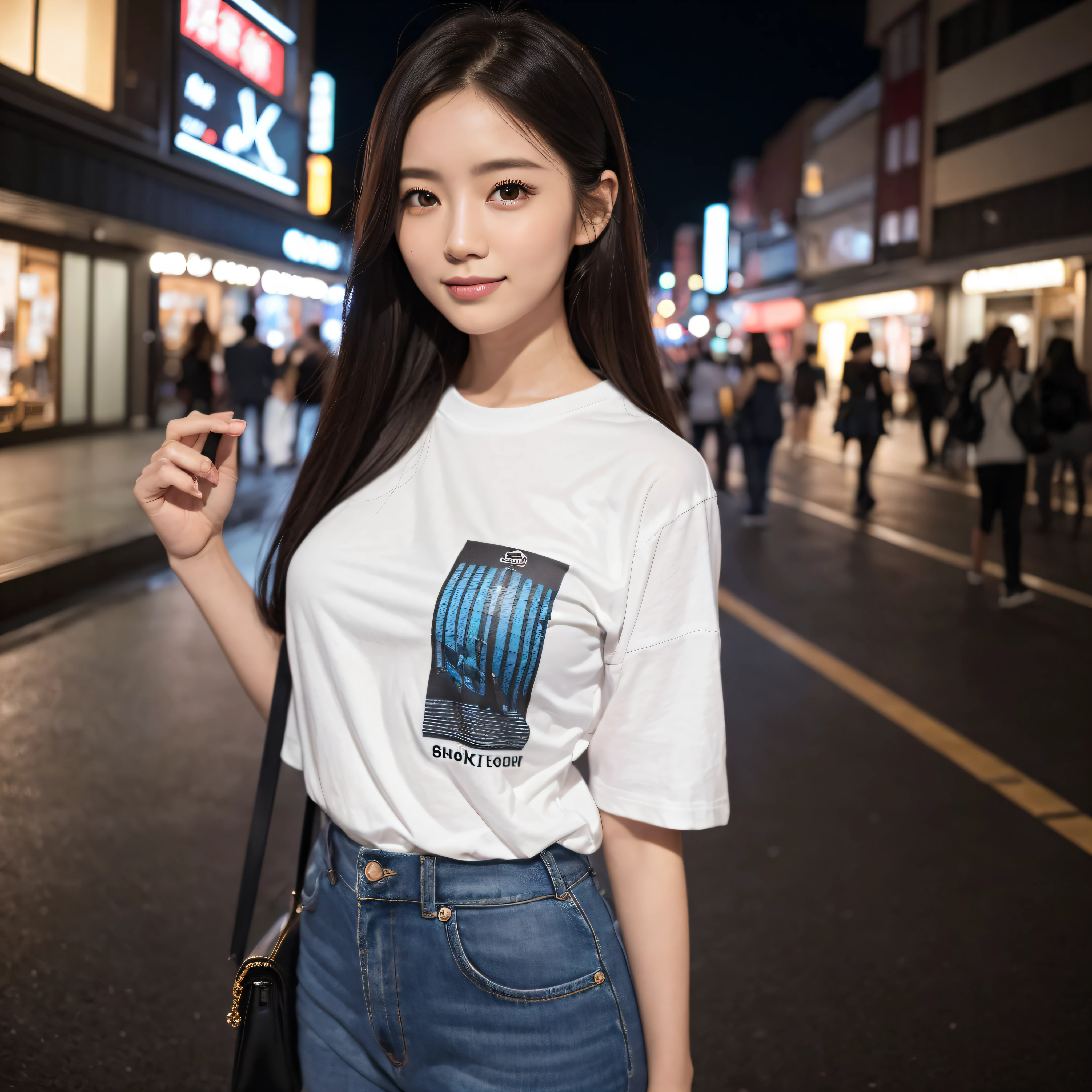 One lady、((best qualtiy、8k masterpieces:1.3))、foco nítido:1.2、(ultra beautiful faces:1.0)、(shinny skin:1.0)、photos realistic、A dark-haired、Video Lighting、High-definition eyes and face、Video Lighting、Japanese cute actress)、from the front side、medium breasts、Smile、Slender Abs Beauty、Whole body、wearing t-shirts、At the Sky Tree at Night