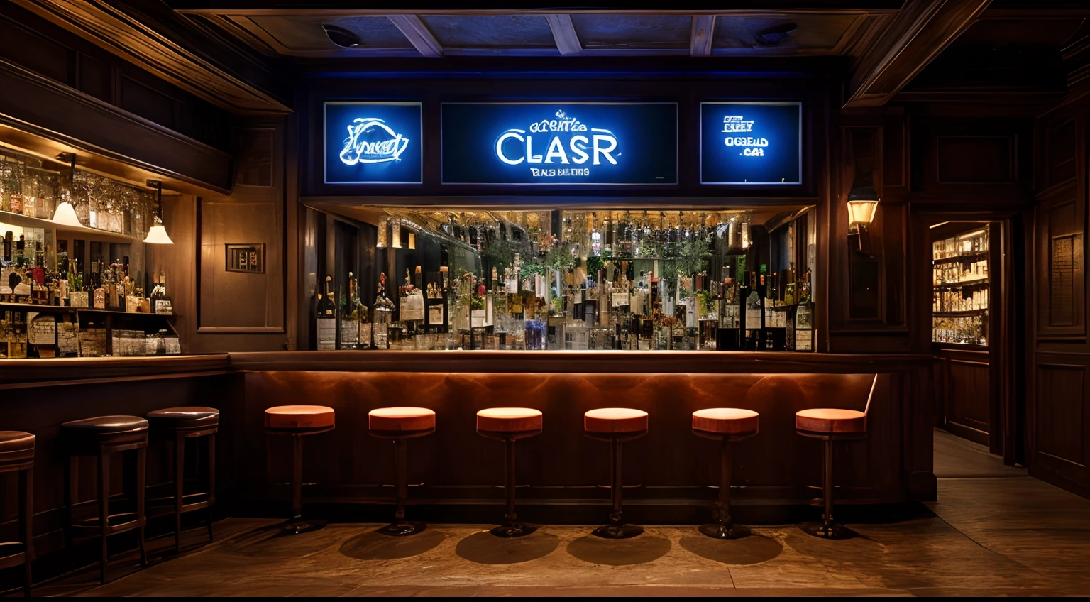 incredible classic bar, with no people, cozy ambient, wide vie, stunning depth field, bar area,  masterpiece, stunning colors, realistic photo, urban neon-noir illumination, excessive realistic textures, muted colors,