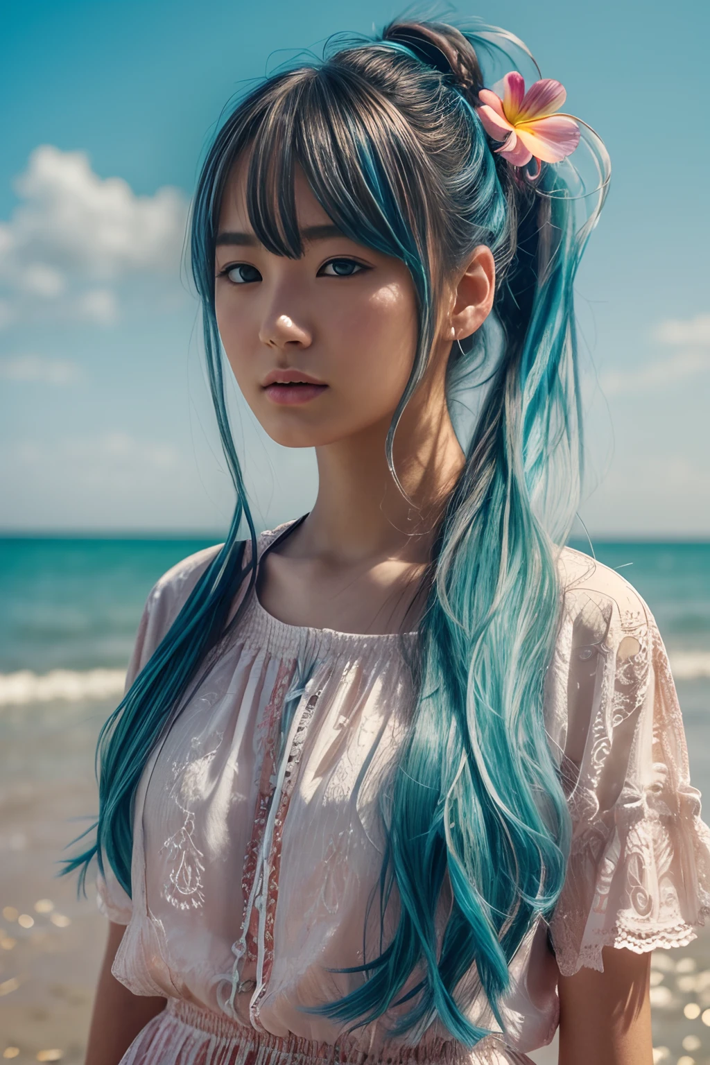 (masterpiece), (best quality), (ultra detailed),(disheveled hair),(illustration), (1girl), (Fashionable clothing), standing, Fashion model, looking at viewer, (interview), (simple background),beautiful detailed eyes, delicate beautiful face, Floating,(high saturation),(colorful splashes),colorful bubble,(shining), focus on face, ponytail, kamisato ayaka, light blue hair, bangs, hair ring, floating flowers, floating hairs, (shining), best lighting, best shadow,