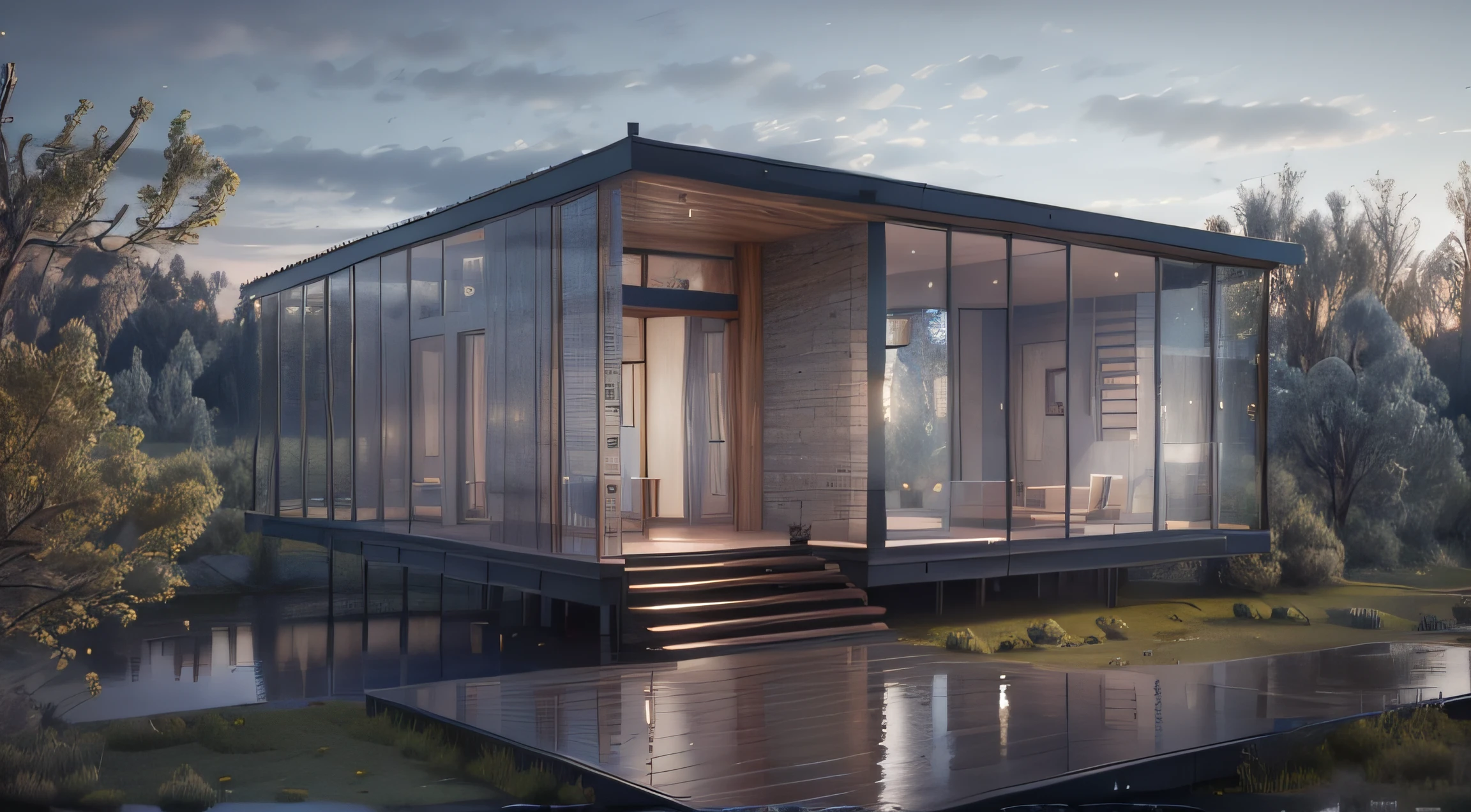 a rendering of a modern house with a lake in the background, detailed rendering, comprehensive 2 d render, conceptual rendering, concept house, 3 d rendering, 3d rendering, 3/4 view realistic, rendered 3d model, architectural concept, 3/4 view from below, 3 / 4 view, 3/4 view, 3 - d render, with 3d render, wooden and glass house