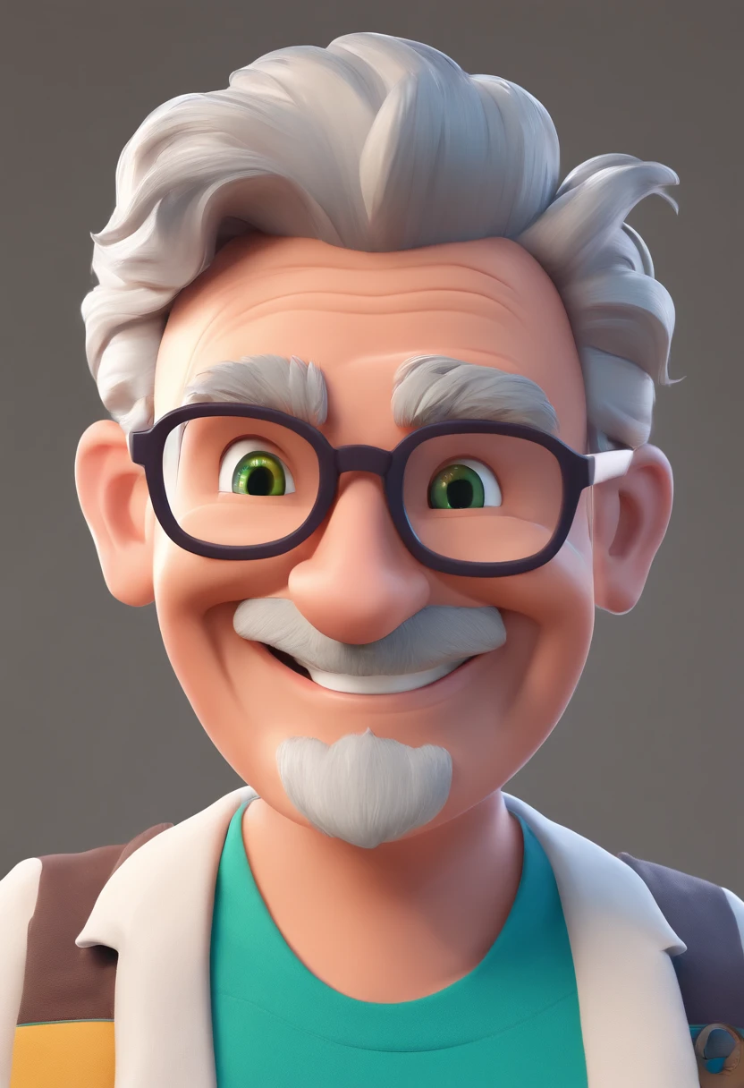 Smiling Man Illustration, sorriso insano, Homem de pele marrom com um sorriso gigante, happily smiling at the camera, sorriso atrevido, grey beard, thinning hair, thick glasses, he's smiling, sorriso muito grande, Macho sorridente, foto de perfil headshot, rindo sorriso enorme, desenhando no estilo de Arte 3D, c4d, fundo de cor branco puro, estilo disney, estilo pixar render ilustracao Super Detalhe, 8k