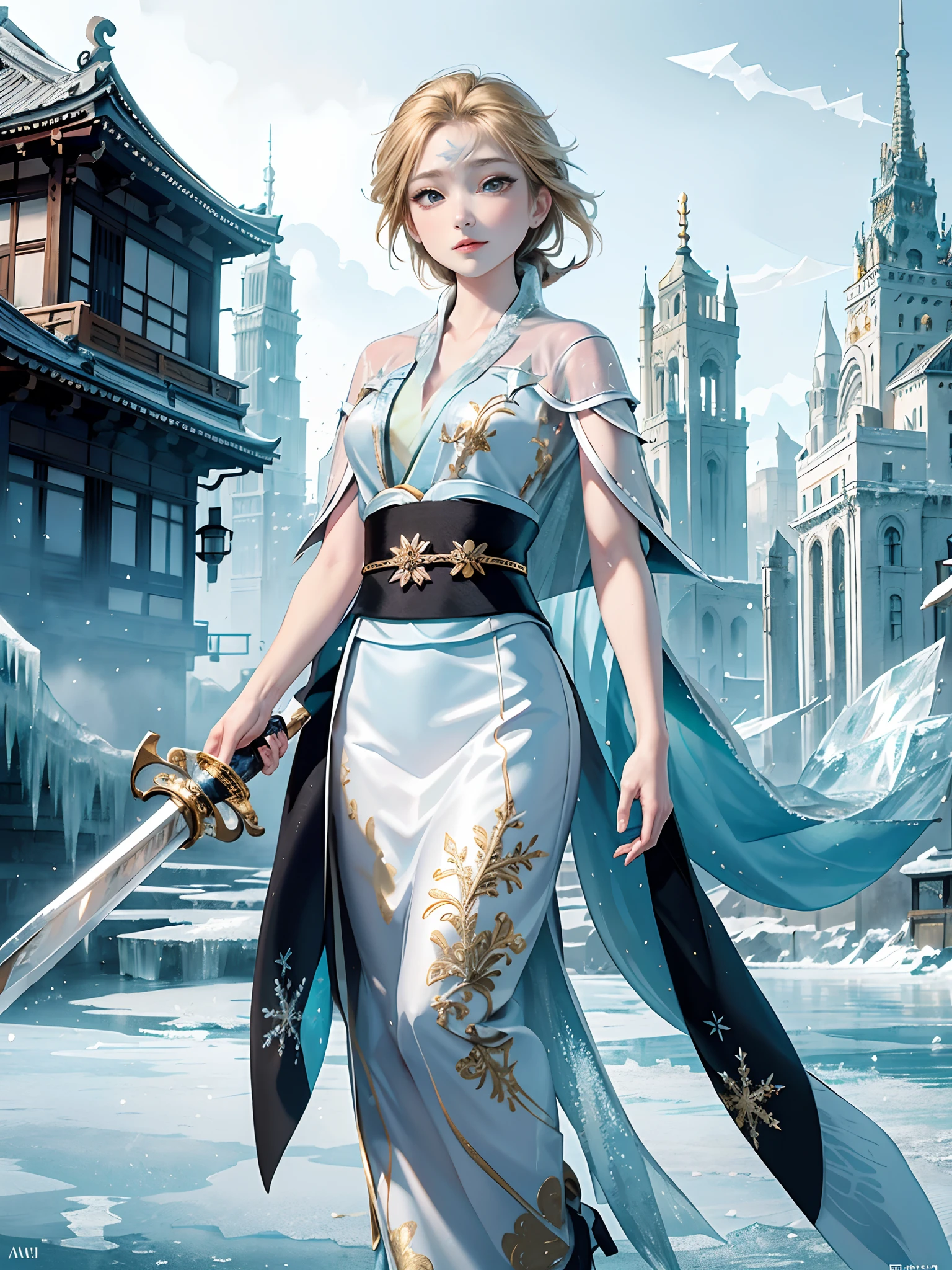 Background of details(Frozen City:1.5),BREAK ,elaborate costume(Luxurious Japan kimono(Black kimono(detailed embroidery(blanche,golds)))),BREAK,(1 Beautiful and classy adult woman(Shy smile:1.2)(Japanese actressl:1.2)(A dark-haired(short-hair:1.2))),(eye glass:1.2),(Coming out of the ice circle:1.5,(Sword(Covered in ice:1.5))),BREAK,Wallpapers 16K,Blur the background,)(masutepiece,Best Quality,Portrait photos):1.5),full body Esbian