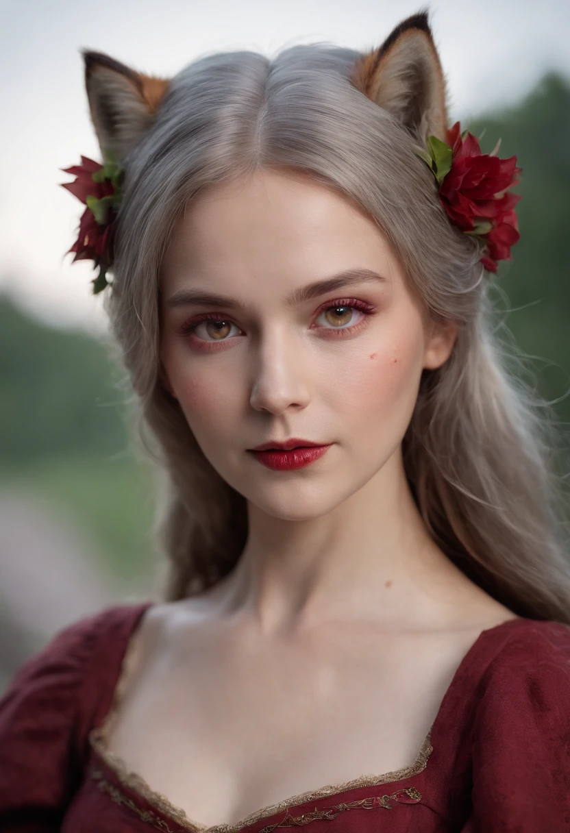 (((A deep red wound streaked across her left cheek))) Fair complexion, A  fox about 2 years ral gray hair, Unique green eyes, Wear Cole, Slender and graceful, Beautiful, Candlelight in a medieval setting, super sharp focus, realistic lens, Medieval women's clothing, Four colors (Scar:1.4)