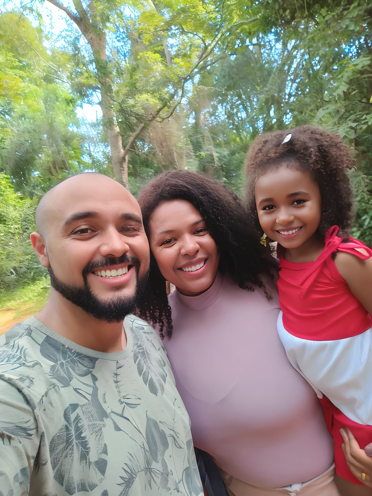 Homem jovem de pele parda, careca com barba, Black Woman and Child Black Curly Hair, Disney Pixar-style family, alta qualidade, melhor qualidade. Poster de filme Pixar. Com legenda