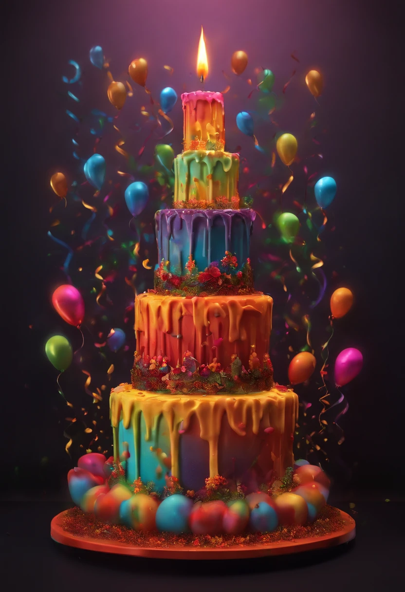 Text, "Happy Birthday Stevan " in three lines, one word per line, no spaces, creative colorful sign made of watter and smoke, black background, artistic,ultra realistic, splash effect, incredible details, rich colors, high quality, in the style of Dan Mumford and Daniel Merriam, 3D rendering in the background there must be a cake with candles, 3d render, typography, cinematic, fashion