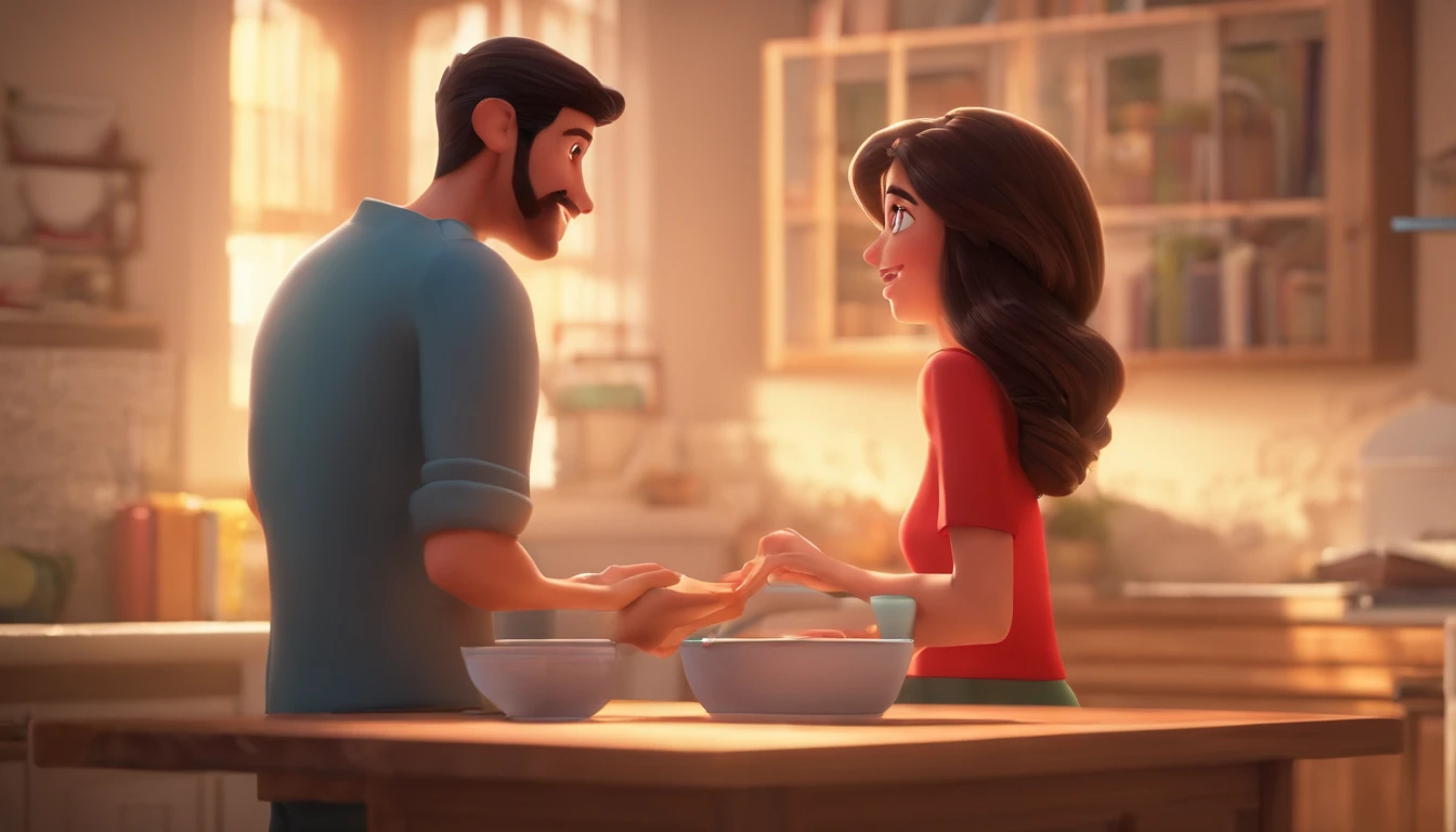 An illustration of an adorable couple, destacando um homem e uma mulher com bonito, Expressive eyes – the man's skin is black and the man's hair is bald and black, while the woman's skin is black and the woman's hair is curly and brown. They are a bright room, cada um com um sorriso no rosto, e compartilhar um momento especial caracterizado pelo amor, arroz, e insights educacionais. Illustrate this scene from a perspective where they are facing away from the camera, Showing Your Connection. Desenvolva esta arte em Full HD, Focus on your cinematic touch, Estilo Disney Pixar Animations