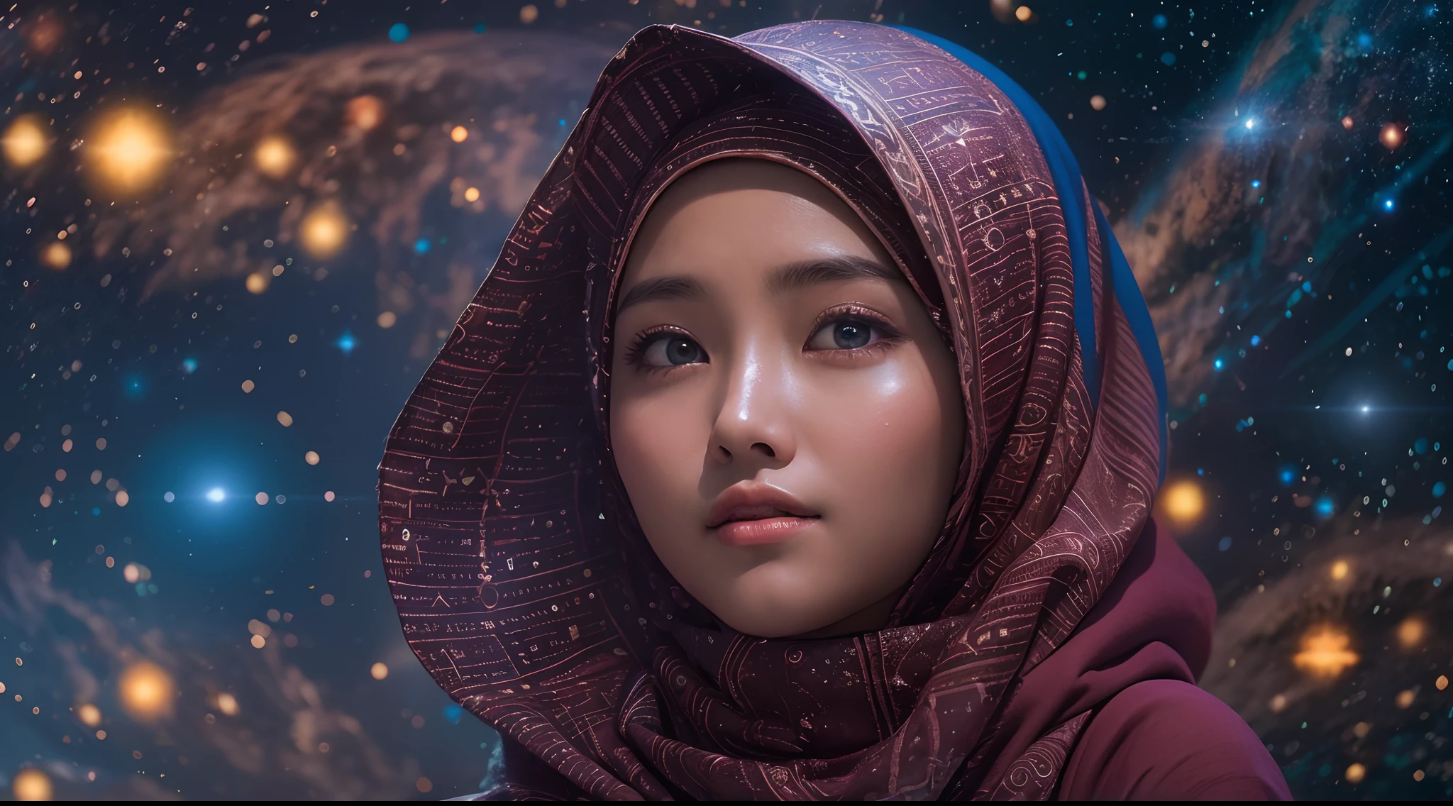 Visualize the Malay girl in hijab as a guardian of the galaxy, with celestial elements like planets and stars surrounding her. Use cosmic colors and lighting to convey her role as a protector of the universe, 28mm lens, Establishing shot, High Contrast cinematography effect, Natural Lighting, Desaturate color grading, high quality, ultra detail, 8k resolution,