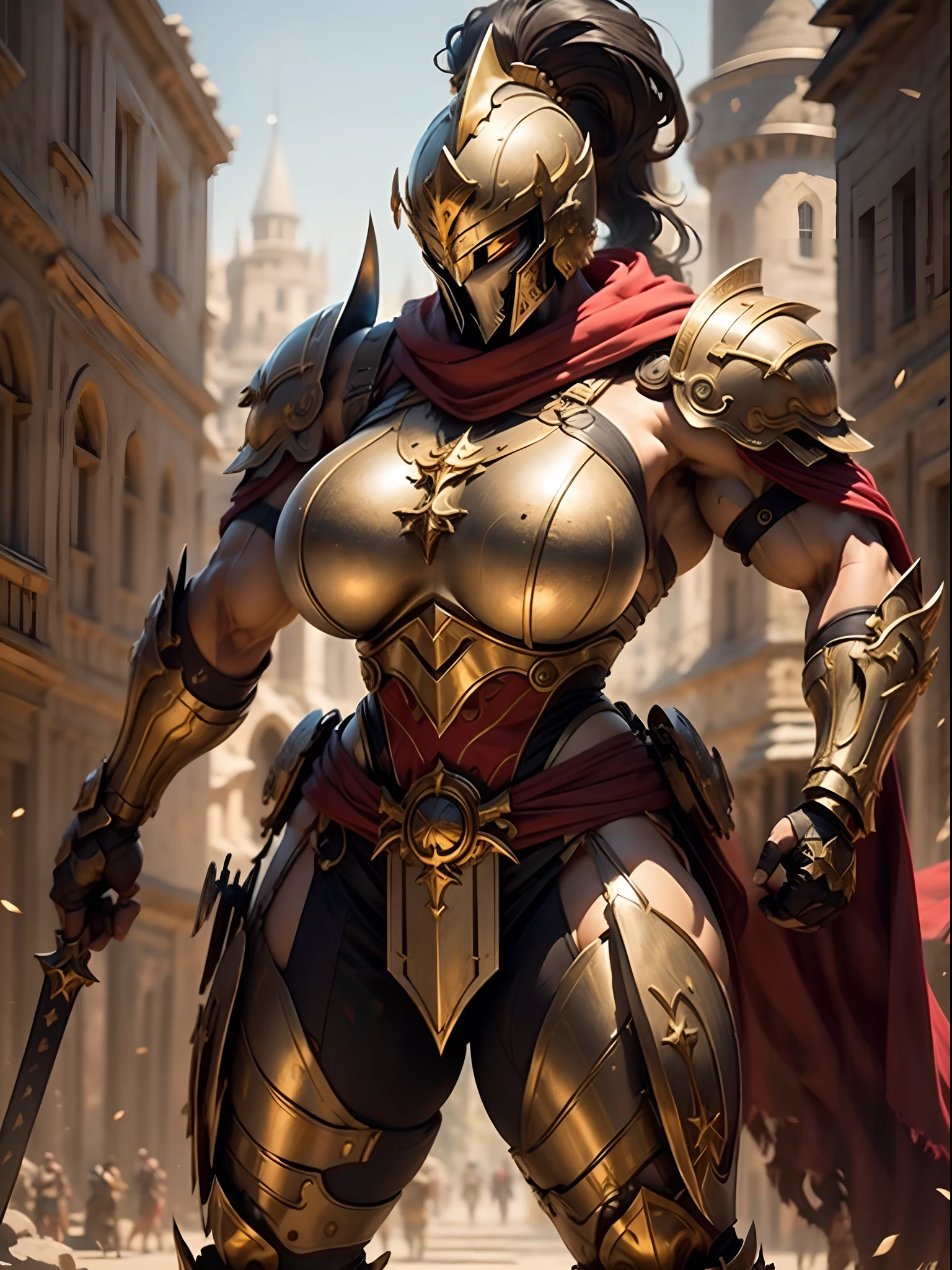 a beautiful golden-greek-armored warrioress, jet-black hair, hoplite helmet, muscular, huge and heavy breasts, looking at viewer, modelshot pose, masterpiece, best quality, 8k, blurred background, medieval fantasy castle in the background