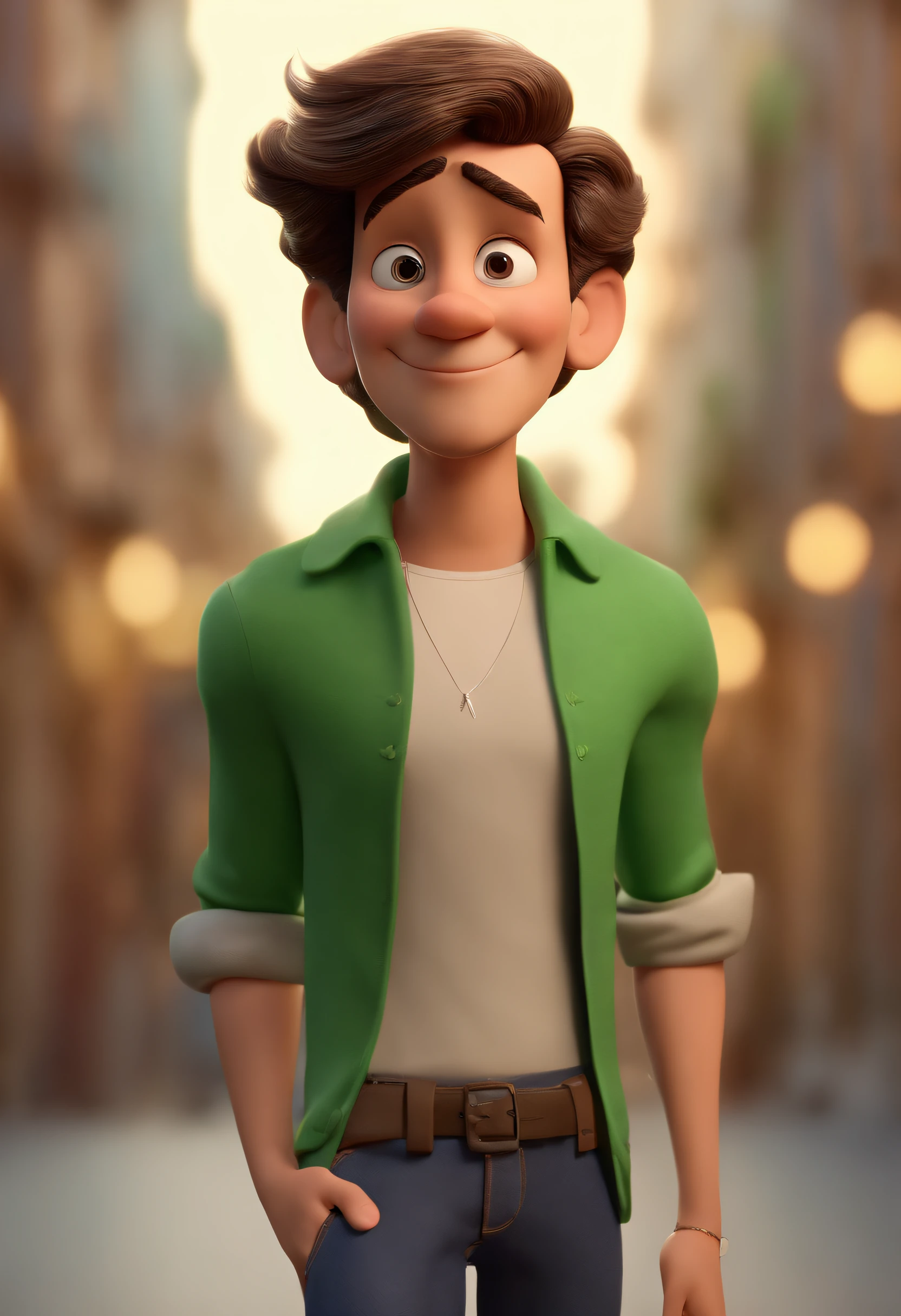 personagem dos desenhos animados de um homem com cabelo curto castanho liso,  uma camisa verde,  In a psychomotor roomAnimation character, Caractere estilizado, animation style rendering, 3D estilizado, Arnold Maya render, 3 d render stylized, toon render keyshot, Personagem 3D, Personagem 3D, 3d rendering stylized, 3 d character render, personagem de desenho animado, Personagem de close up, Pose de personagem,  (Estilo Pixar) (master part:1.2) (Bokeh) (best quality) (pele detalhada) (textura detalhada) (8k) (argila) (Cinematic lighting) (foco nítido