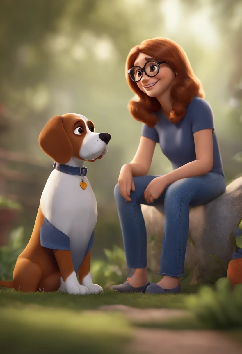 Pixar. Casal com um filhote de cachorro beagle marrom. A tem os cabelos loiros amarrados, Camiseta cinza e jeans claro, white glasses. O meninobelos pretos com cabelos grisalhos, barba pequena, oculos, Dark blue jeans and gray t-shirt. They are both smiling and are 40 years old