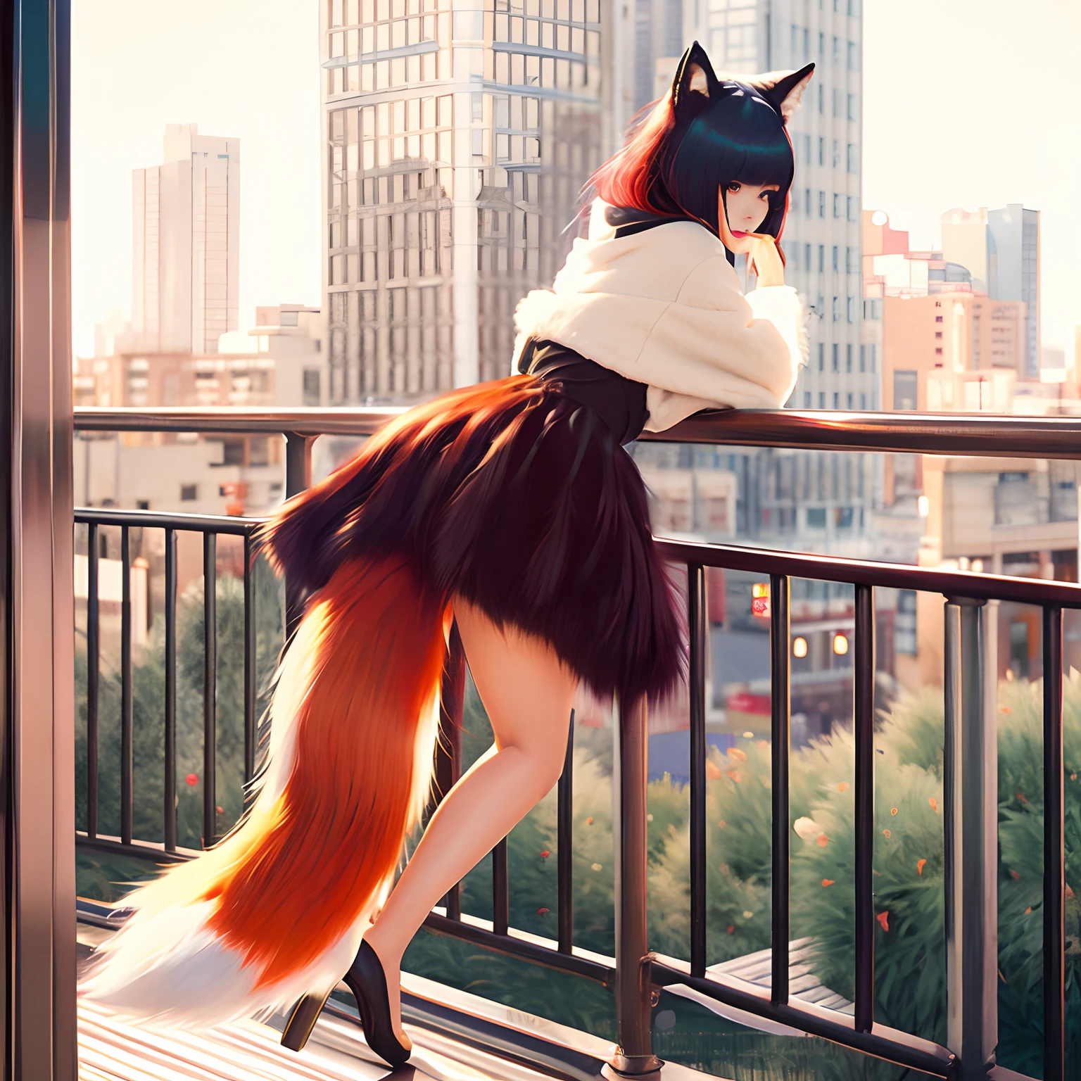 Woman with red fox tail leaning against railing, foxgirl, Fox tail, a beautiful kitsune woman, very very beautiful furry art, tail, pov furry art, thick fluffy tail, Furry tail, fluffy tail, furries wearing tails, long elegant tail behind, girl with fox ears, Fox Club, a picture, top-quality