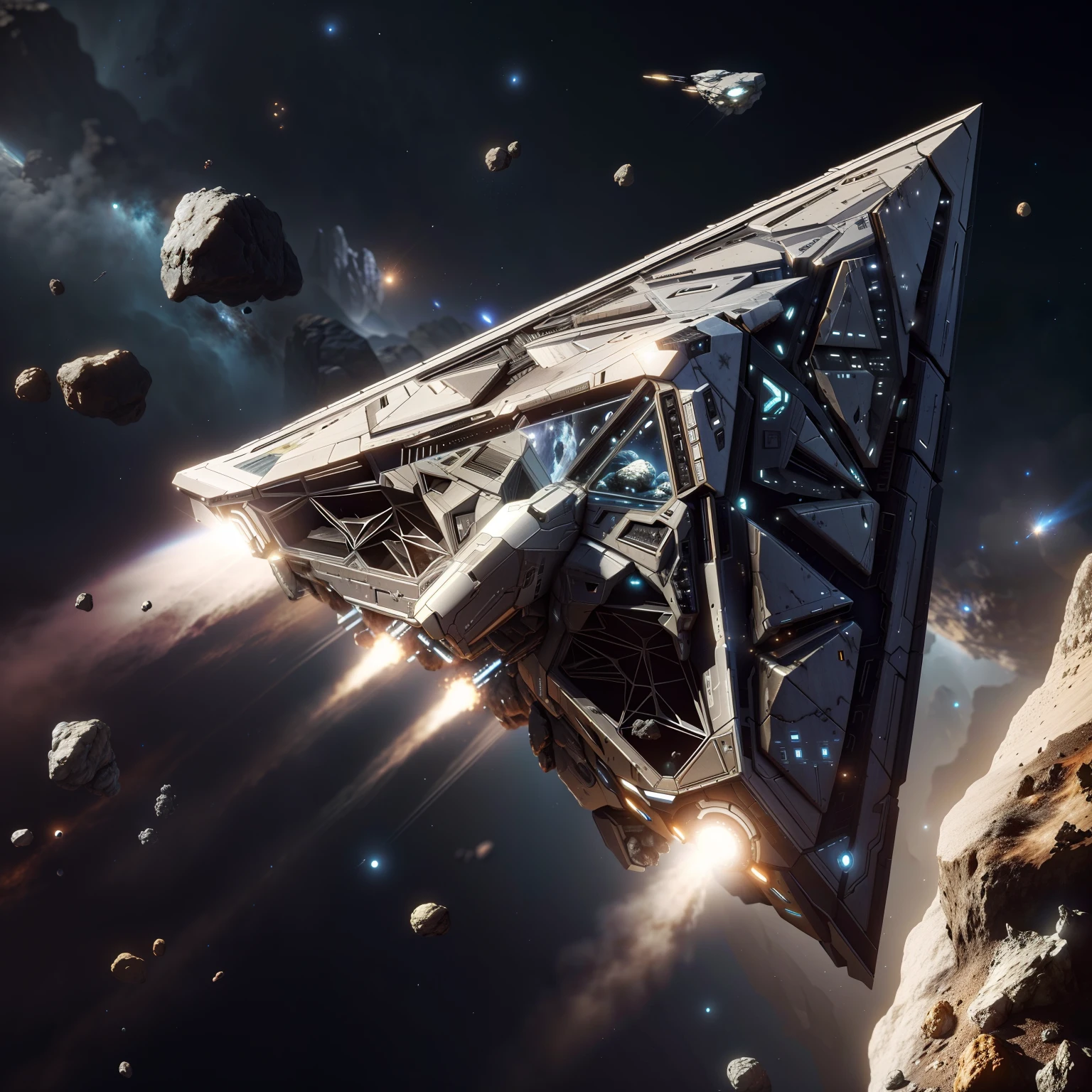 spaceship flying over a rocky area with a lot of rocks, star citizen origin 100i, star citizen digital art, star citizen, elite dangerous, star citizen concept art, star citizen halo, asteroids, an epic space ship scene, space ships, award winning scifi art, sci-fi space game art, asteroids realistic cinematic