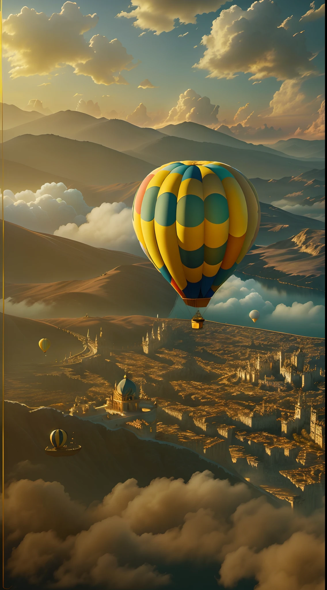 (best quality,4k,8k,highres,masterpiece:1.2), ultra-detailed, realistic:1.37, vivid colors, HDR, luxury hot air balloon floating in the sky, golden glow, mesmerizing scenery, breathtaking view, sparkling fabric, intricate details, enchanting sunset, whimsical clouds, panoramic landscape, dreamlike atmosphere, graceful movement, majestic presence, ethereal adventure, magical journey, glamorous experience, gentle breeze, picturesque backdrop, opulent design, exquisite craftsmanship, radiant glow, opalescent hues, golden hour, serene horizon, floating above the clouds, tranquil escape, luxurious escape, peaceful ambiance