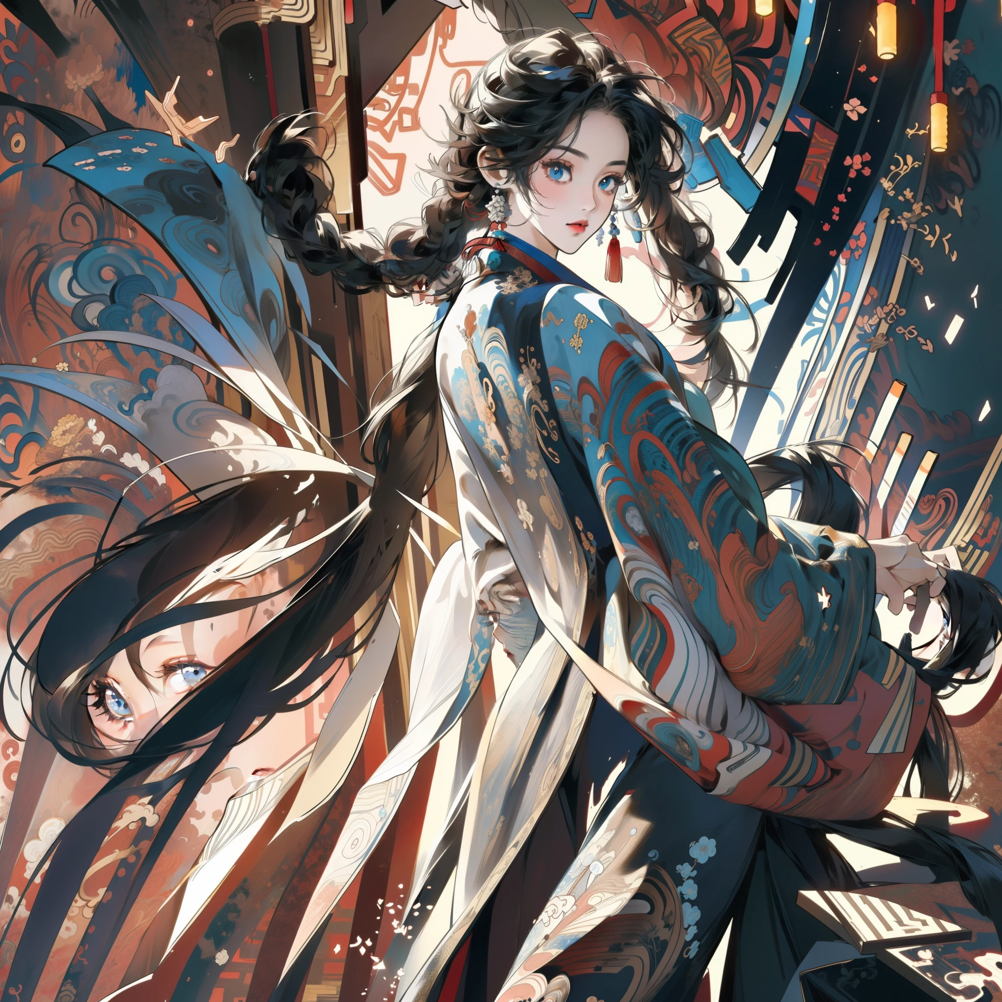 ((Masterpiece:1.2, Best quality)), super-fine, ultra-fine depiction, ultra-fine depiction, (zentangle:1.2), (Dynamic pose), (abstract backgrounds:1.5), long whitr hair,Black color hair, 1girll , a color, Portrait, (Top down:1.2)，Chinese style woman，Face photo，facing to audience，Headshot