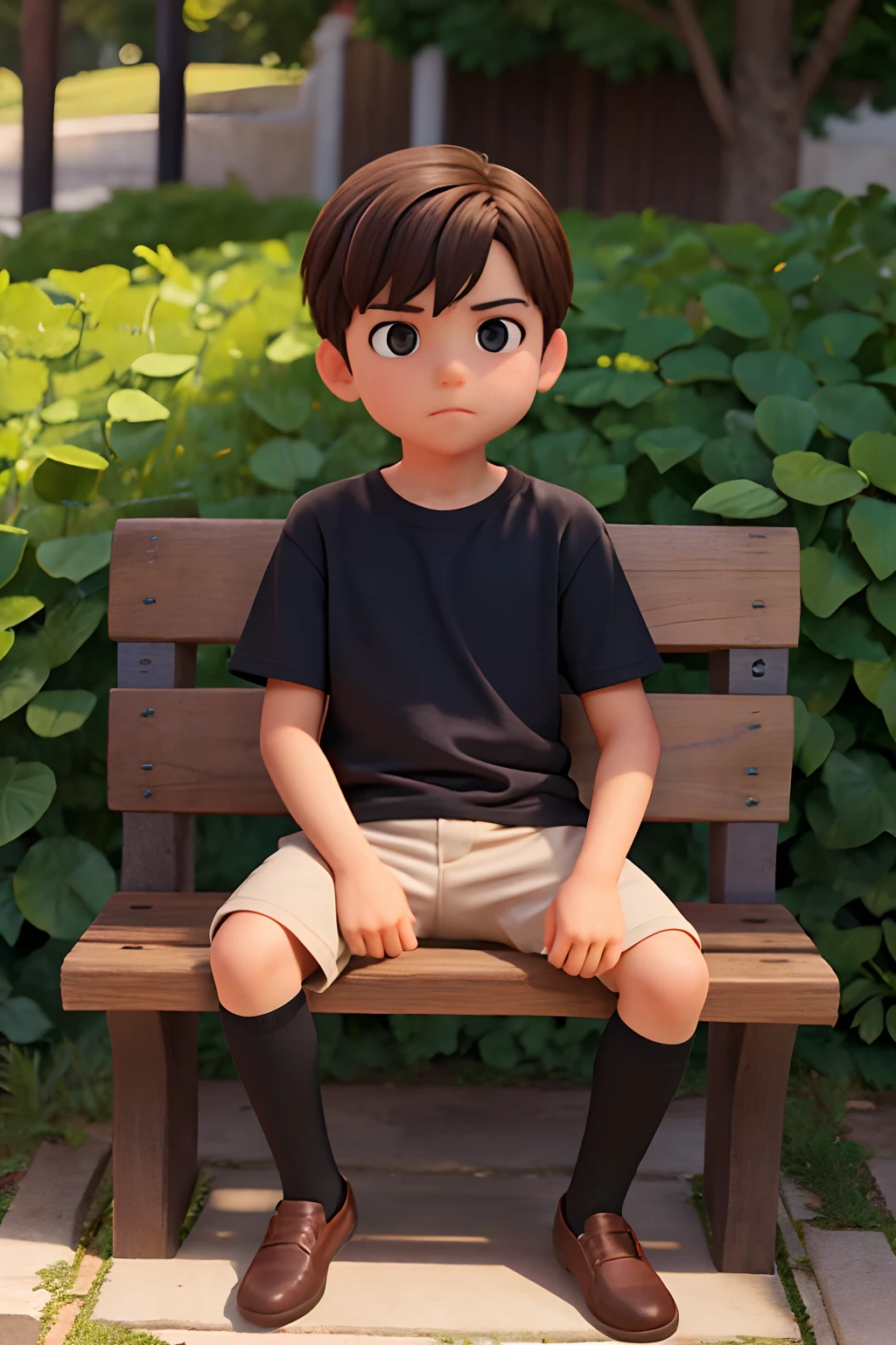 A imagem mostra um menino sentado em um banco de madeira, which is located near a fence. The boy is wearing a black shirt and appears to be looking at the camera. The bench is positioned in the middle of the scene, com a cerca estendendo-se para os lados esquerdo e direito da imagem. The boy's posture and the presence of the bench suggest that this could be a park or a similar outdoor environment.Gere essa imagem no estilo de anima