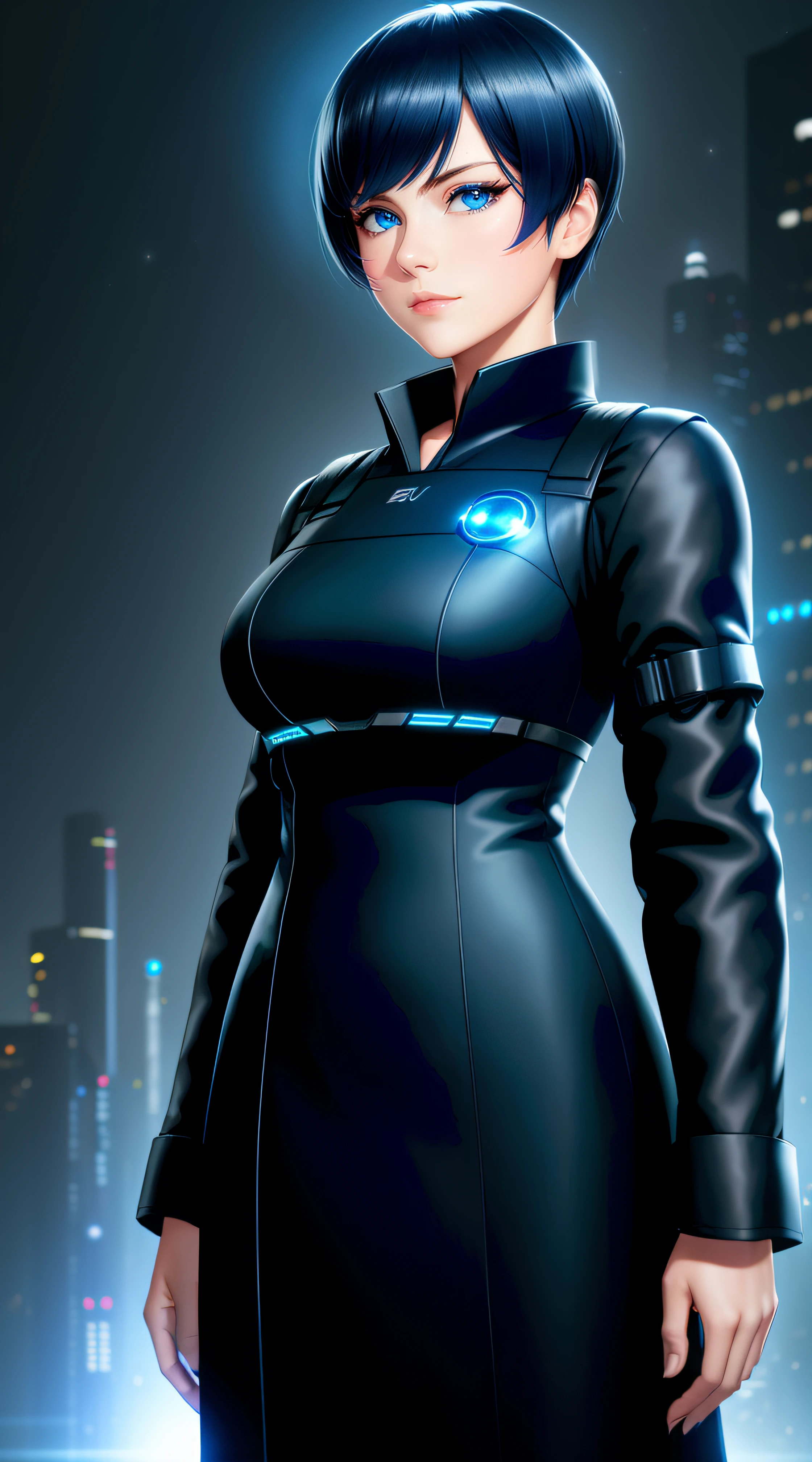 Science Fiction,Sci-Fi,Sci-Fi Movies,Foundation Movie References,Stories about Rebellion,Anti-Government Groups,Politics,War,25-Year-Old Woman, Full Body, Adult,Dark Blue Water-Colored Eyes,Black Bob Short Hair,1945 Doctor Gown,Fully Dressed,Polite Dress,Serious Face,Realistic Face Resolution,Realistic,Object Resolution, (dark city night black background:1.4)